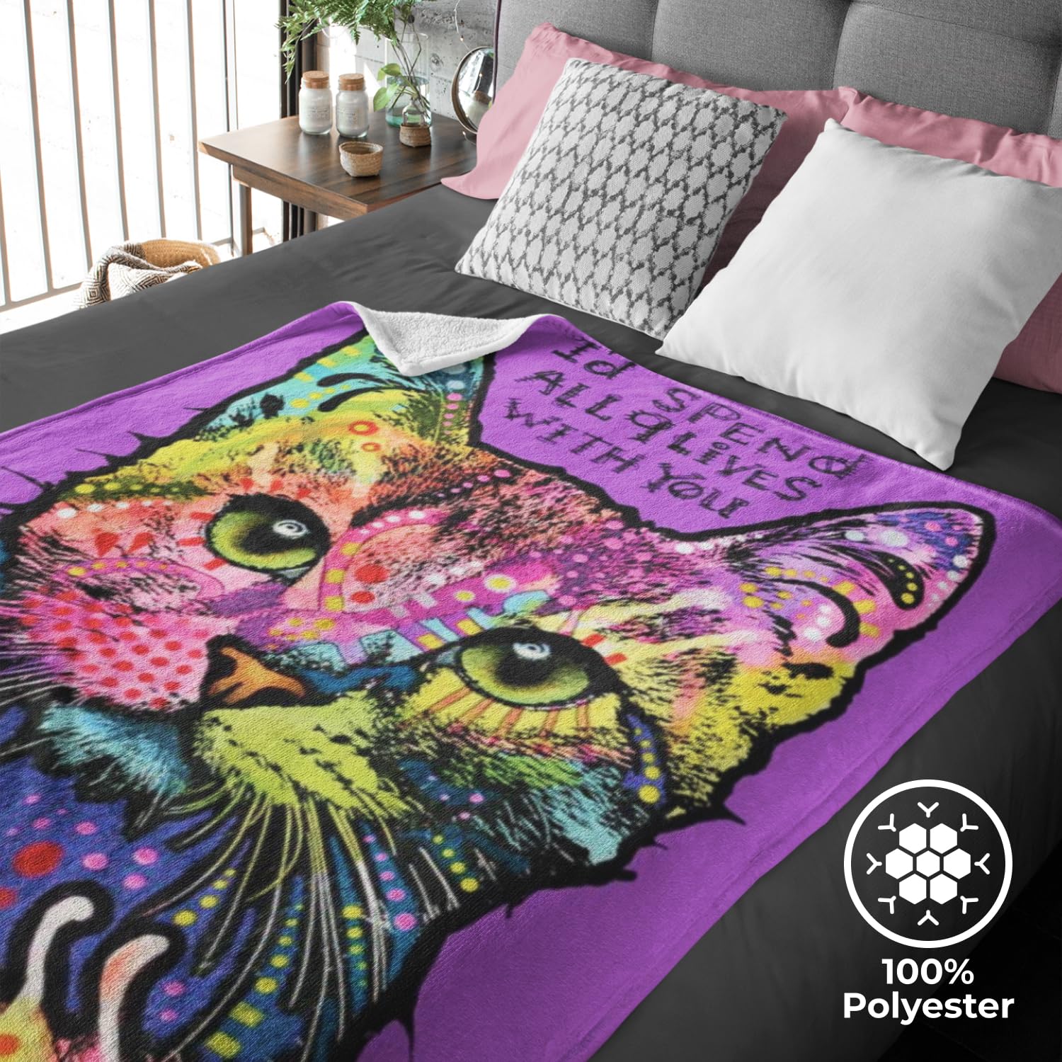 Dawhud Direct 50x60-Inch Cat Blanket Dean Russo 9 Lives - Plush Fleece Throw Blanket for Adults and Kids - Soft and Cozy for Bed