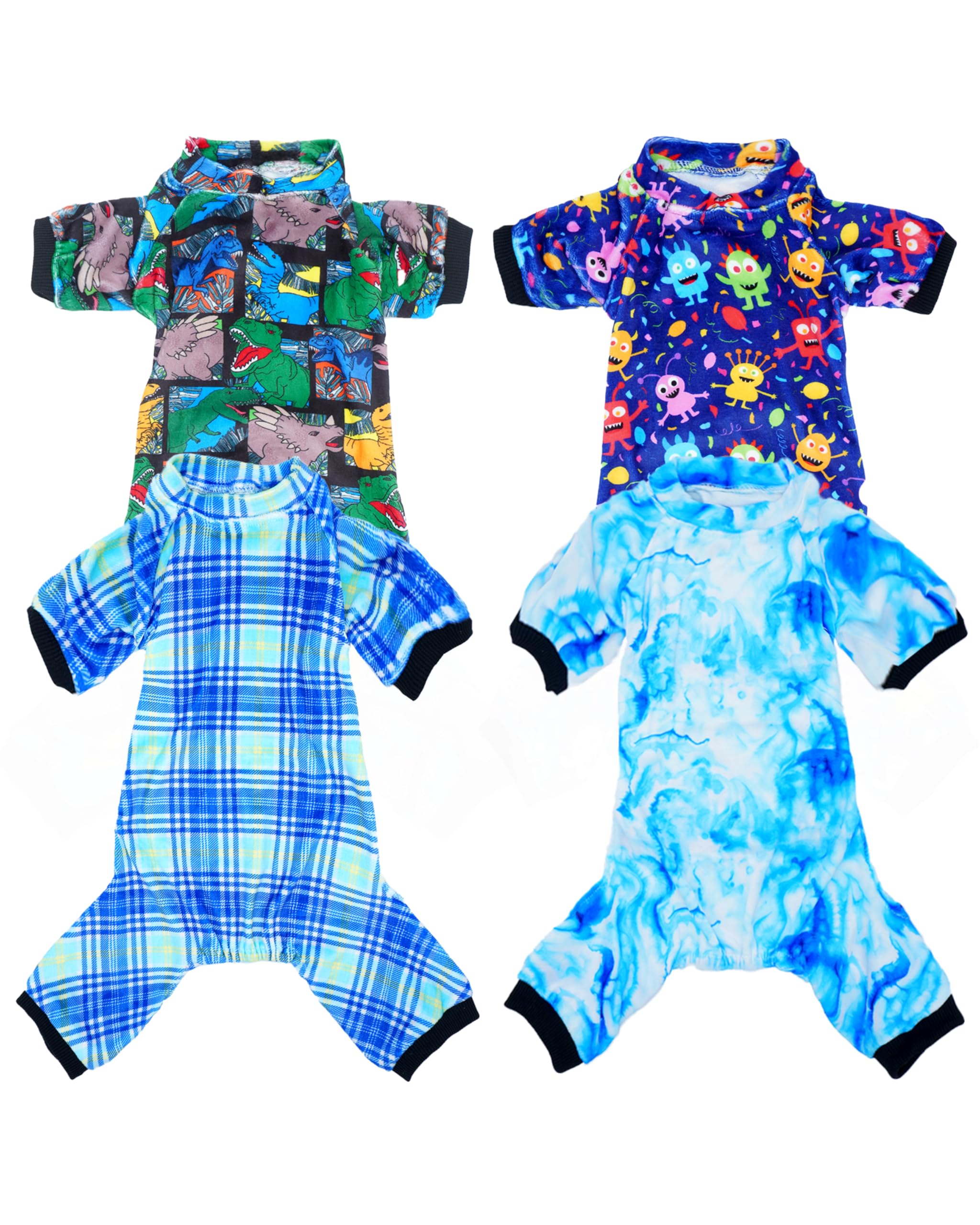 Pet Show 4 Pack Small Dog Pajamas Cute Dinosaur Monster Clothes For Medium Dogs Soft Stretchy Pjs Plaid Jumpsuit Puppy Cats Tie 