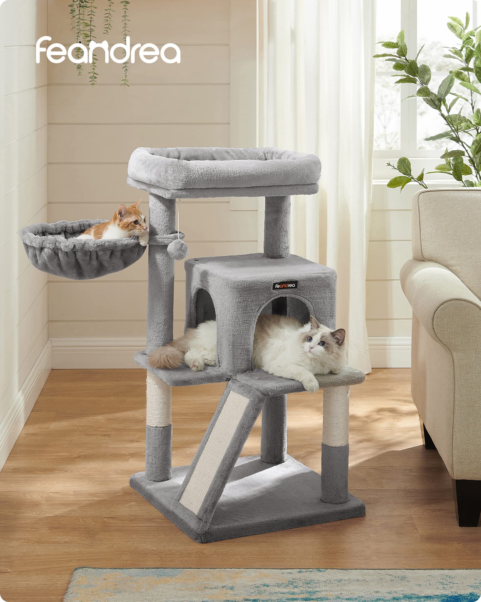 Feandrea Cat Tree, Small Cat Tower With Widened Perch For Large Cats Indoor, Kittens, 37.8-Inch Multi-Level Cat Condo, Scratching Posts And Ramp, 2-Door Cat Cave, Cat Basket, Light Gray Upct51W