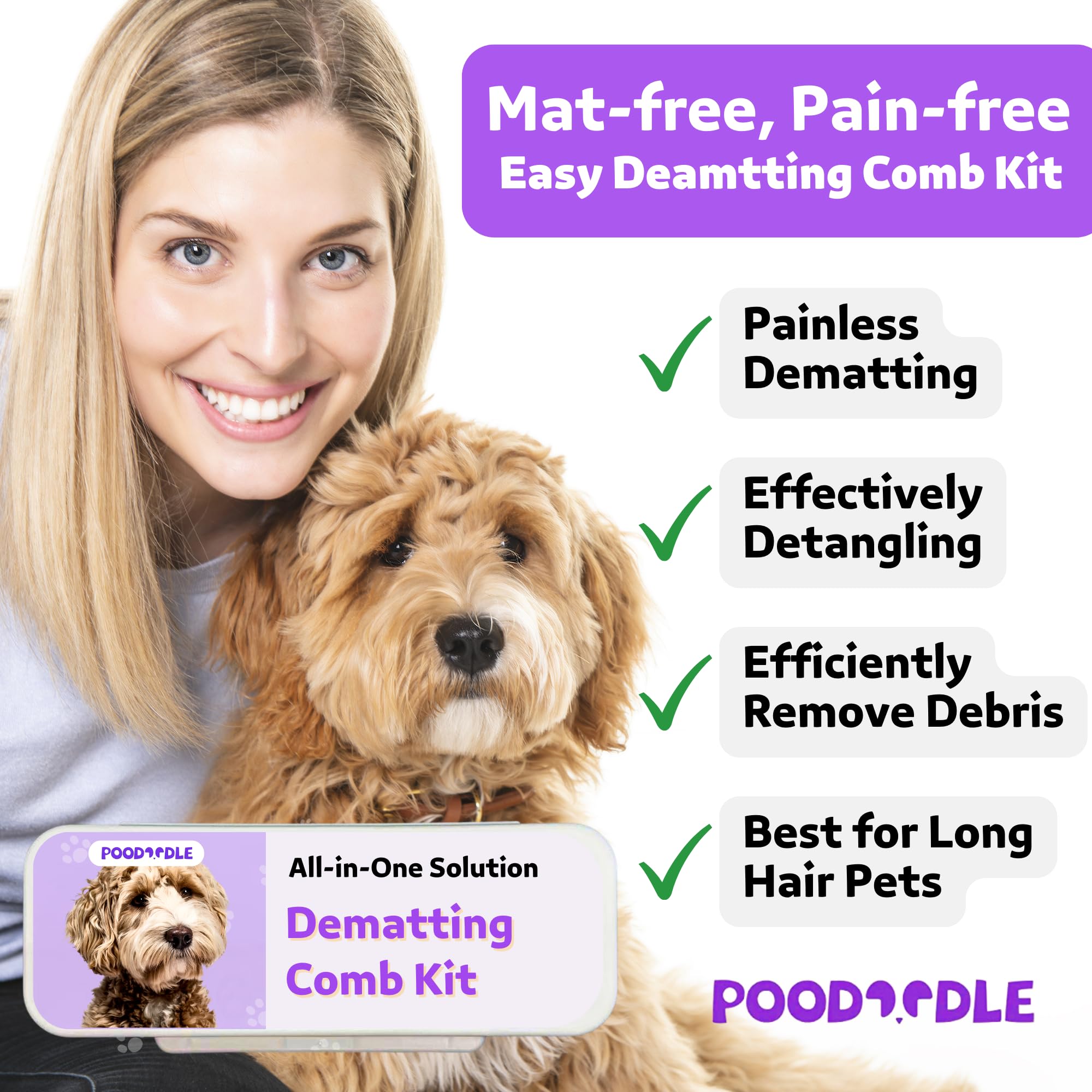 Poodoodle Dematting Comb Kit for Dogs & Cats - Pain-Free Dual-Side Rake & Brush Set, Purple, Ideal for Long Haired Pets