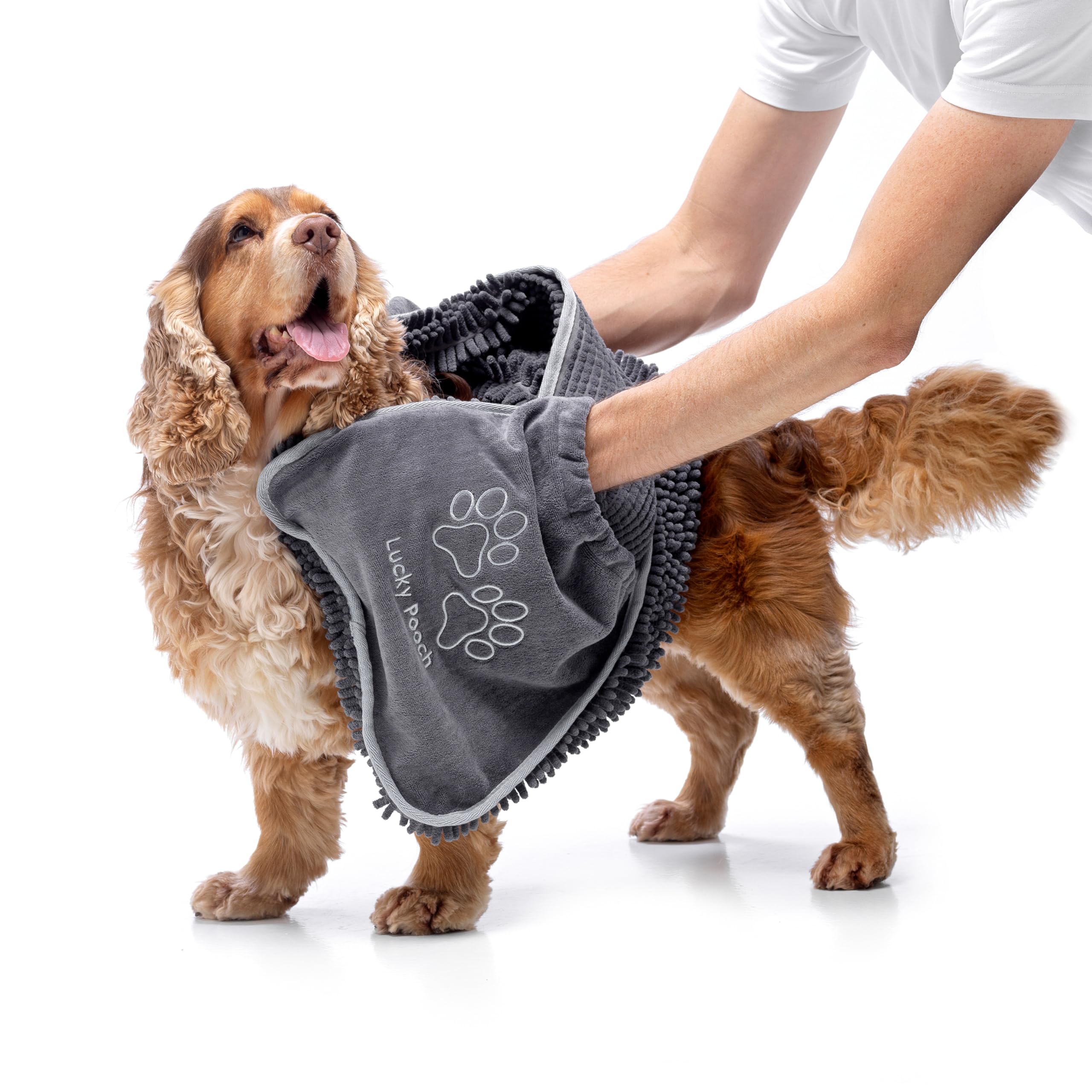 Lucky Pooch Super Absorbent Shammy Dog Towel - Luxuriously Soft Hand Pockets - 34.5x12.5 - Quick Drying Microfiber Dog Bath Towe