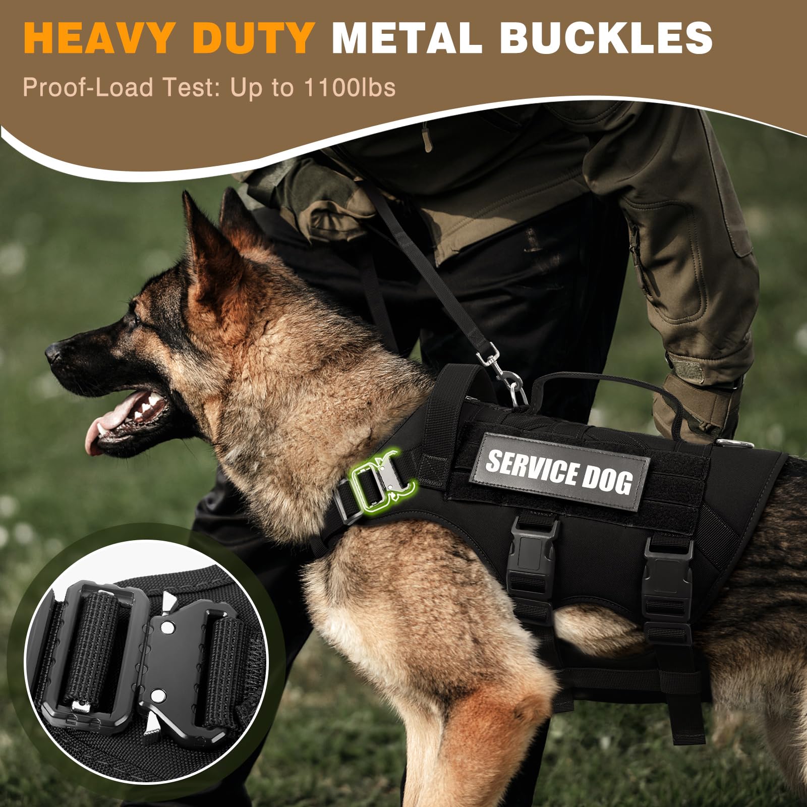 Winsee Service Dog Vest Harness For Medium Dog, Tactical Working Molle Vest With 10 Pet Patches, No Pull Heavy Duty Harness For
