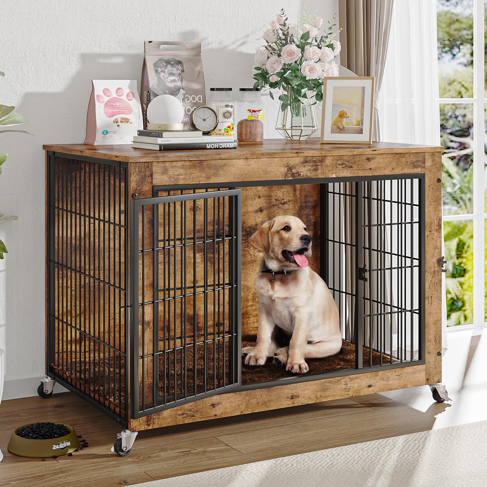 LEMBERI 32 Inch Dog Crate Furniture with Cushion, Wooden Double Doors Dog Kennel Cage Indoor with Wheels, Pet House Decorative S