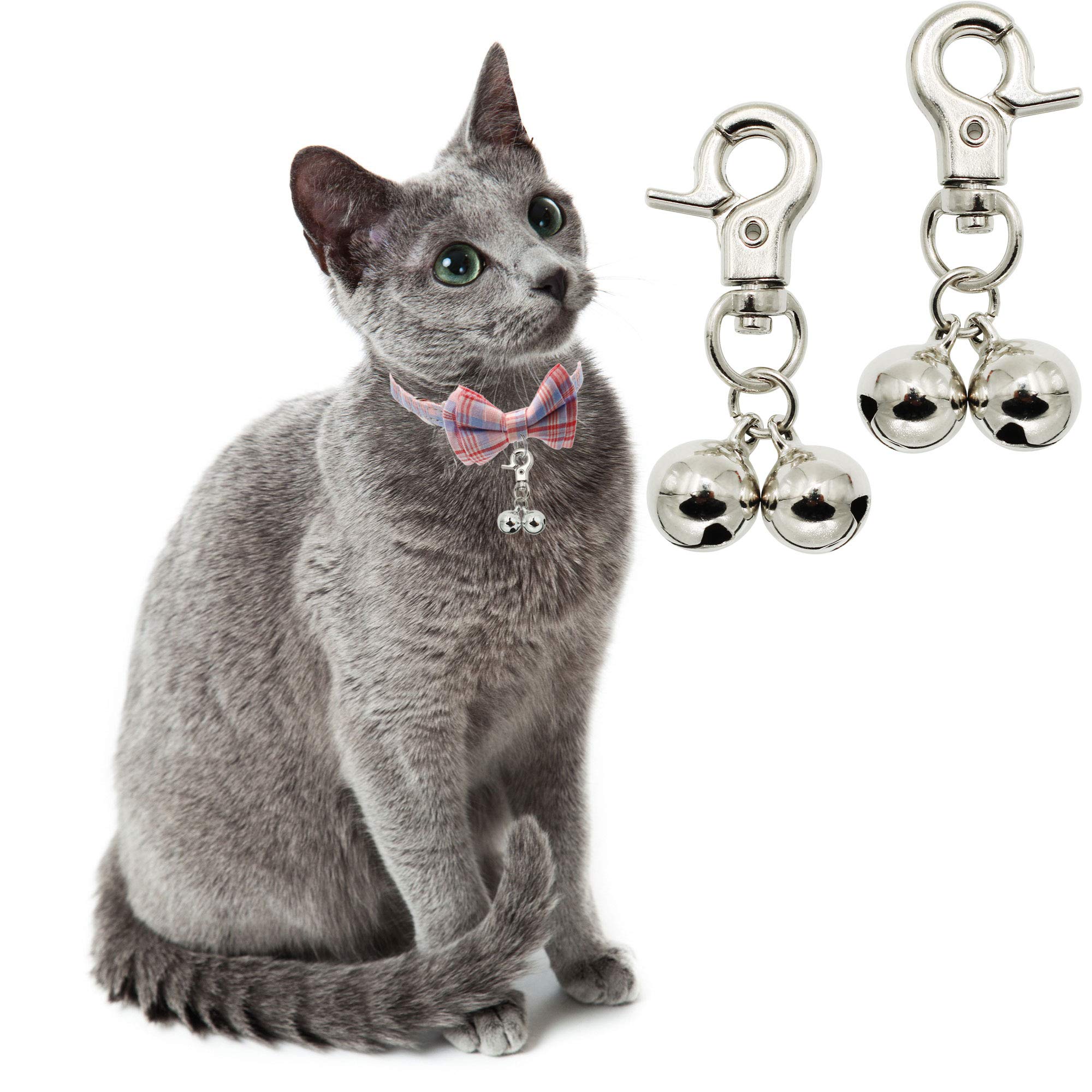 Kittail Bells For Dog Collars - 2 Pack Stainless Steel Bell Necklace For Dogs & Cat - Pet Pendant Accessories Training Collar Charm With Heavy Duty Snap Clips, Silver Christmas Gift