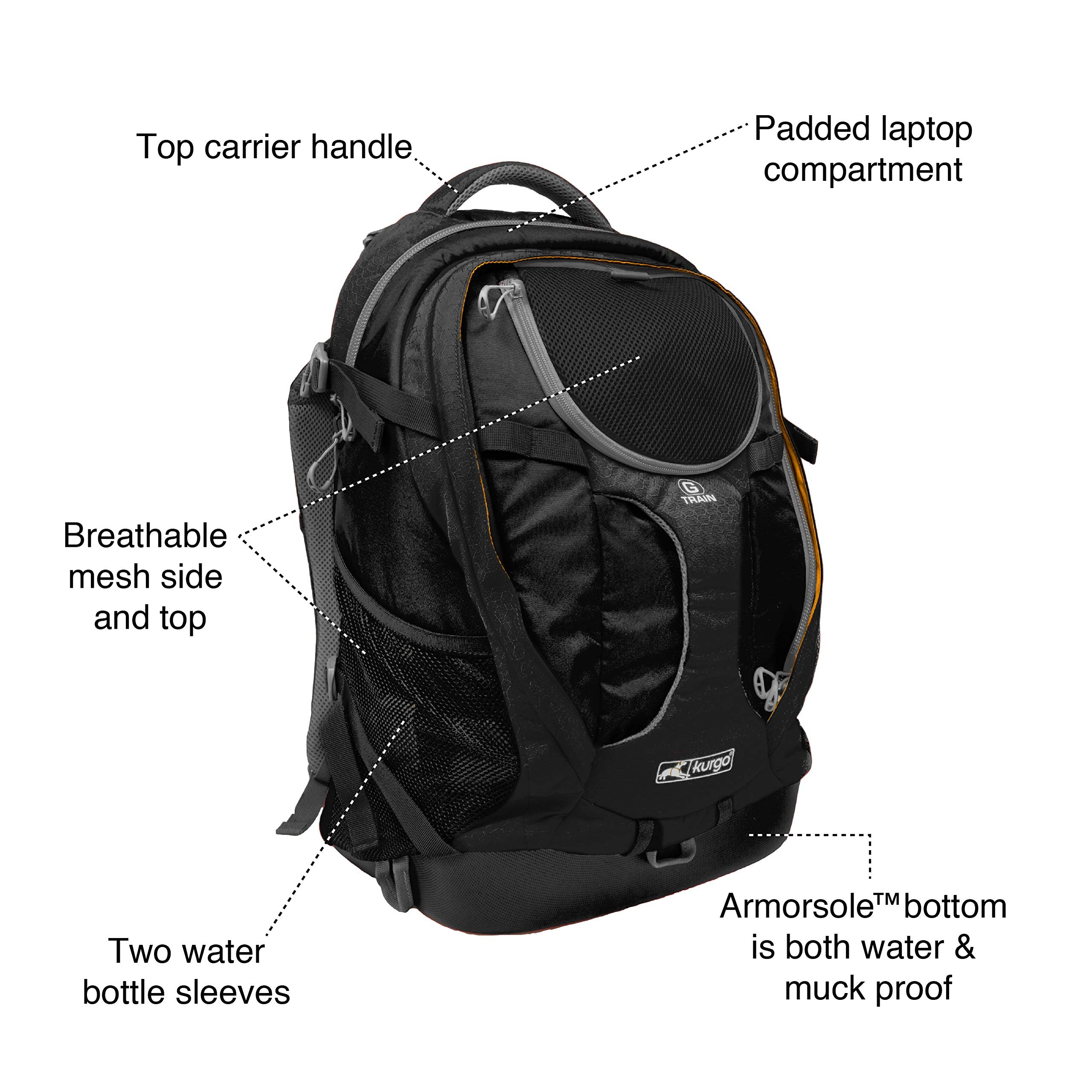 Kurgo G-Train - Dog Carrier Backpack For Small Pets - Cat & Dog Backpack For Hiking, Camping Or Travel - Chest Straps & Hip Belt - Reflective - Two Water Bottle Sleeves - Waterproof Bottom (Black)