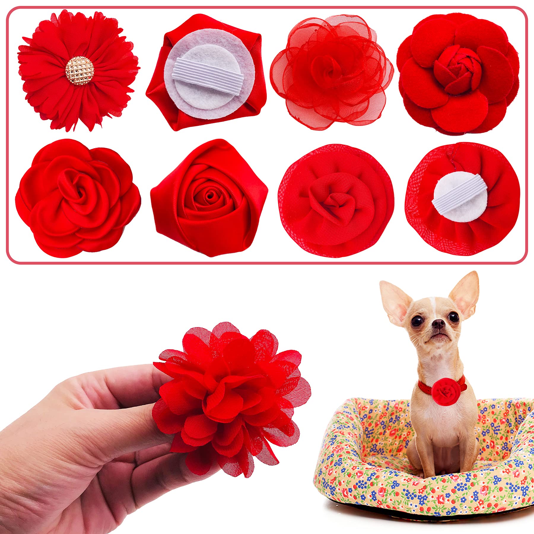 Pet Show 12Pcs Red Dog Collar Bows And Flowers Attachment For Girls Puppies Cats Female Small Medium Dogs Collars Embellishment