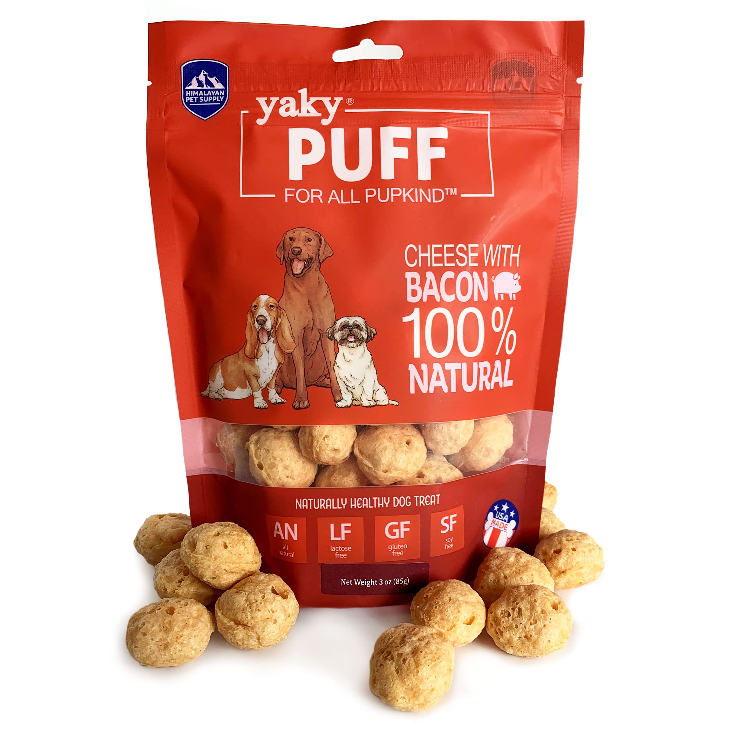 yakyPUFF Himalayan Cheese Treats | Lactose Free | Gluten Free | Grain Free | REAL BACON | USA MADE | For All Breeds | Bacon Flav