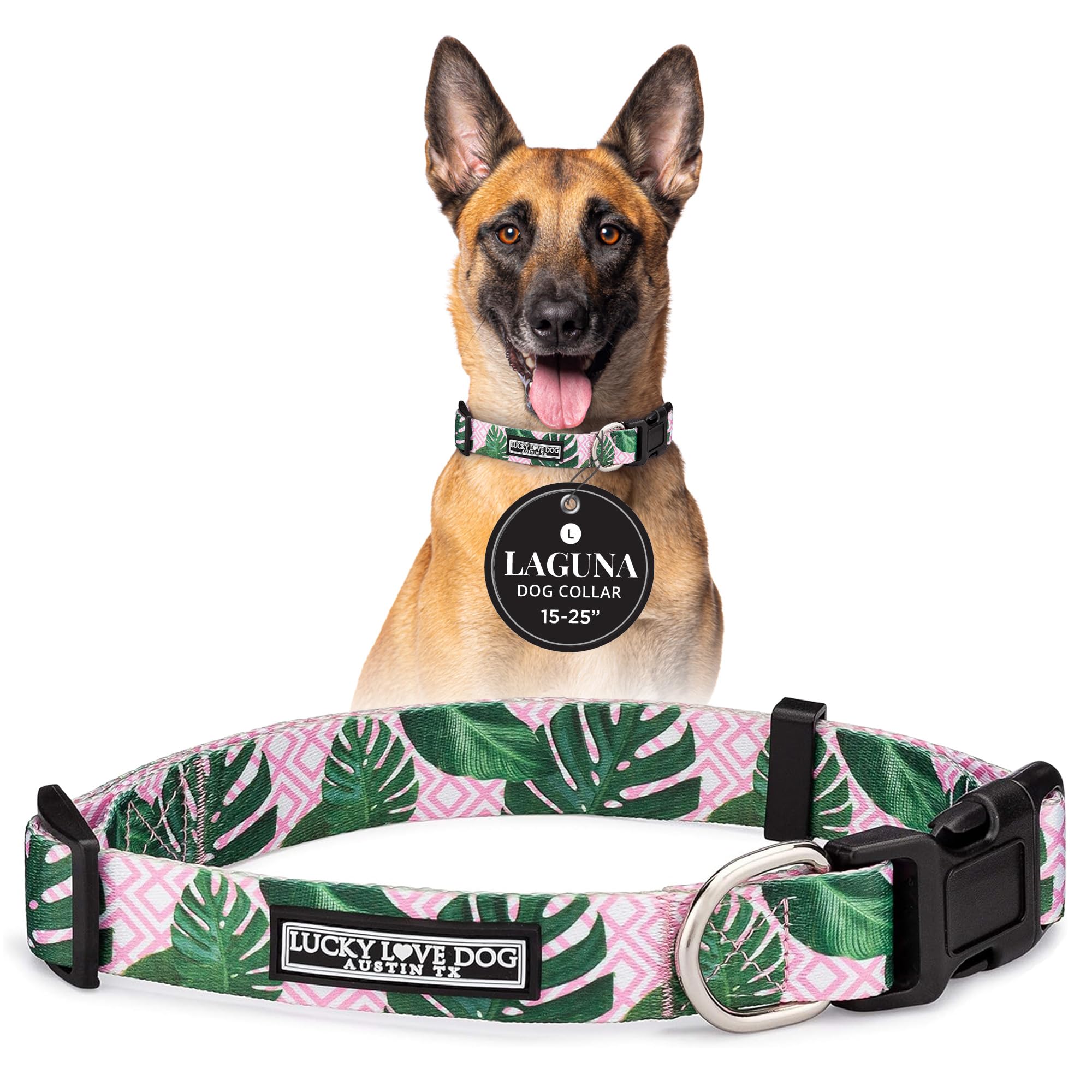 Lucky Love Dog, Tropical Dog Collar For Female Male Dogs, Comfortable & Soft, Vivid Pink Dog Collar - (Large, Laguna Collar)