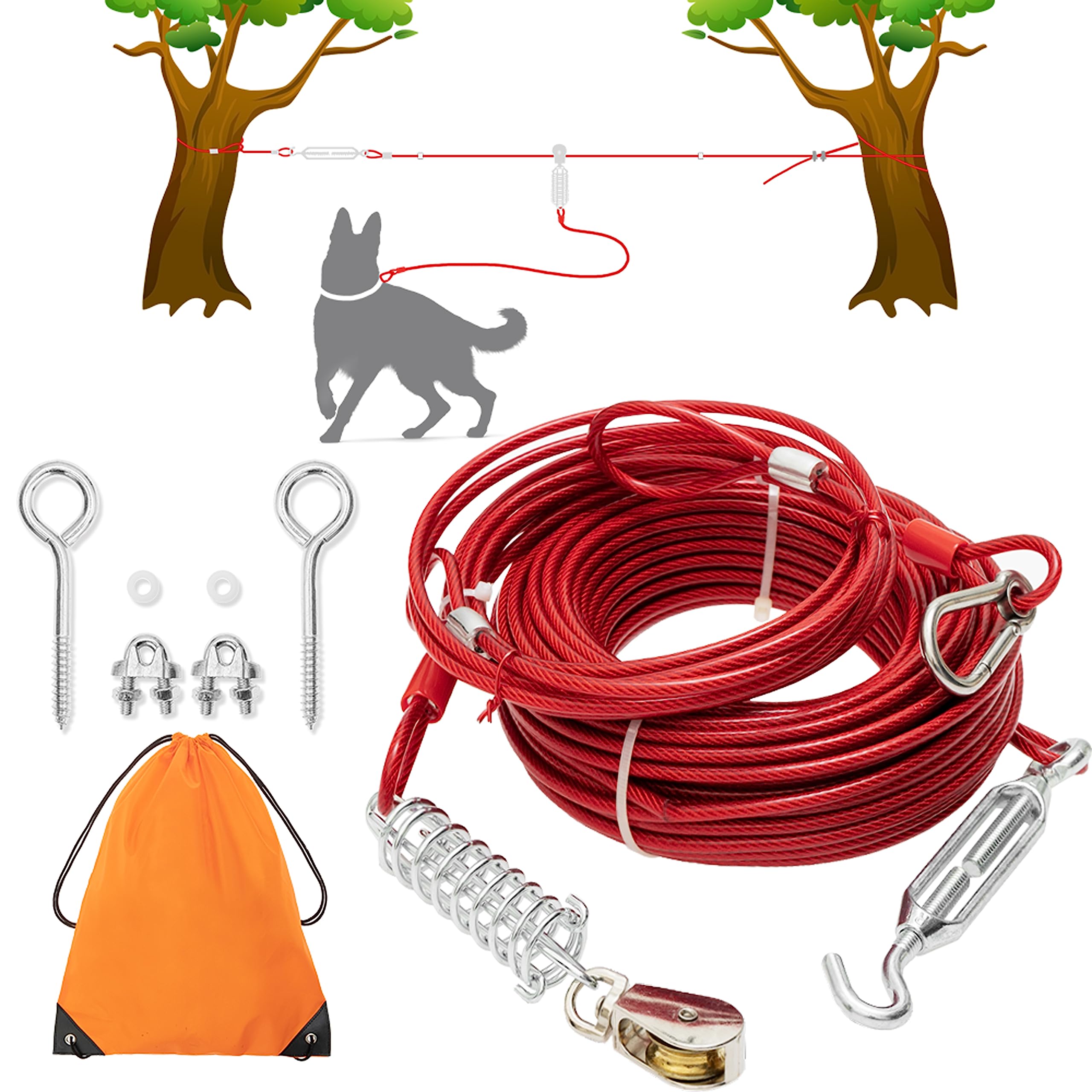 Dog Tie Out Cable - 100 ft Long Dog Cable with 10 ft Run Cable for Yard Training Running Camping Hiking Outdoor - Heavy Duty Che