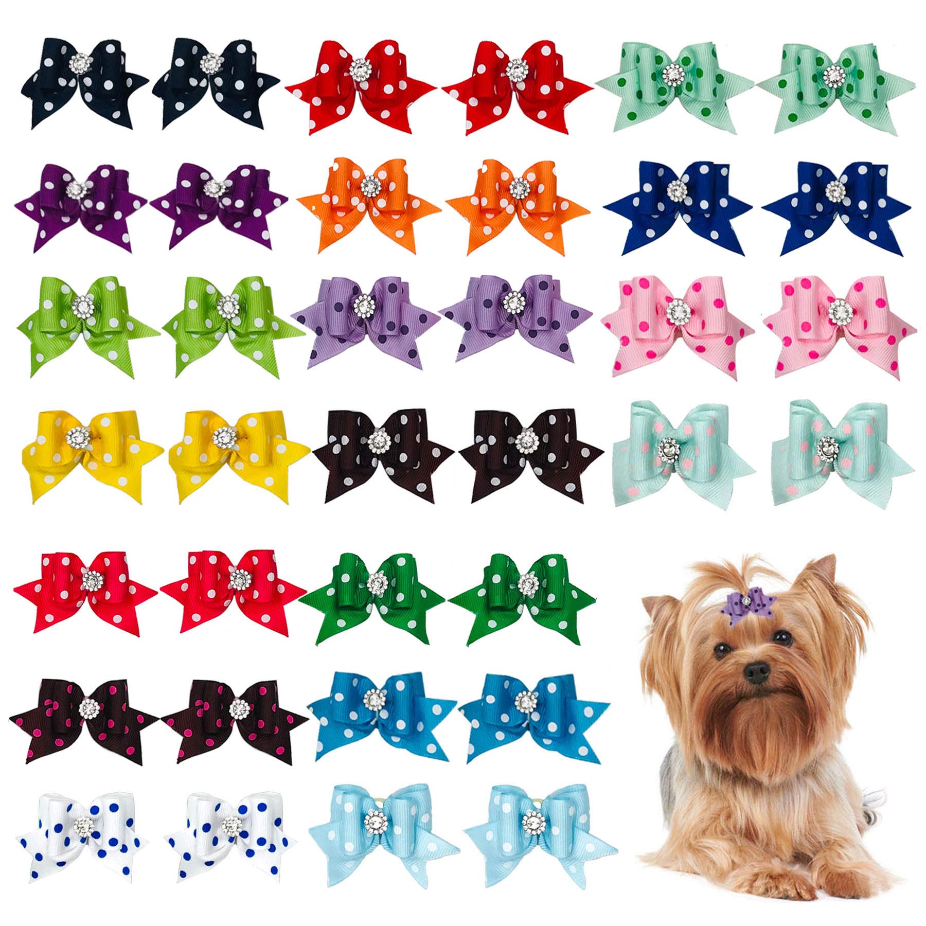 Pet Show 30Pcs/15Pairs Dot Hair Bows With Rubber Bands For Small Medium Dogs Puppies Bowknot Cat Topknot Yorkies Grooming Accessories Color Assorted Randomly