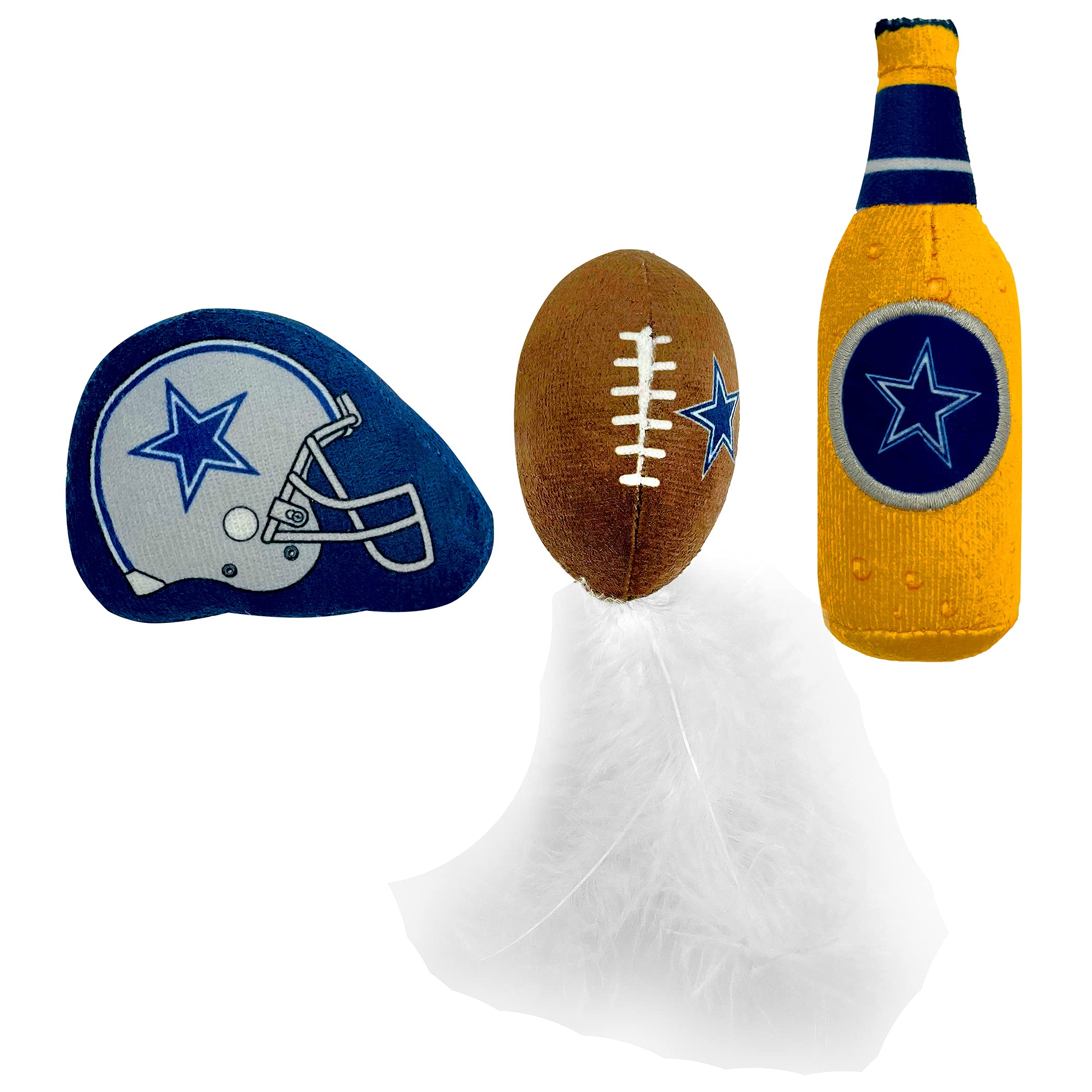 BEST PLUSH CAT TOY - NFL DALLAS COWBOYS Complete Set of 3 piece Cat Toys filled with Fresh Catnip. Includes: 1 Helmet Cat Toy, 1