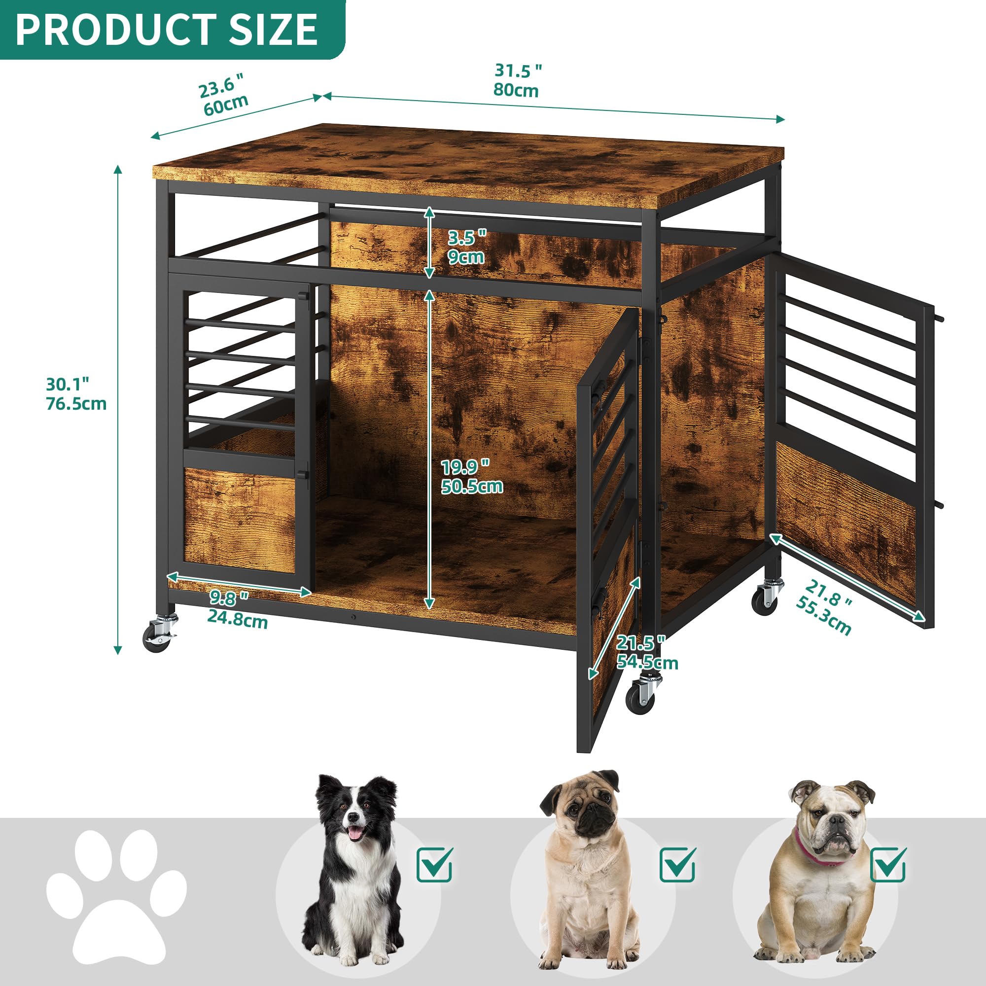 YITAHOME 32 Dog Crate Furniture with Wheels, Farmhouse Decorative Wood Dog Cage End Table Chew-Resistant Wooden Dog Kennel Indoo
