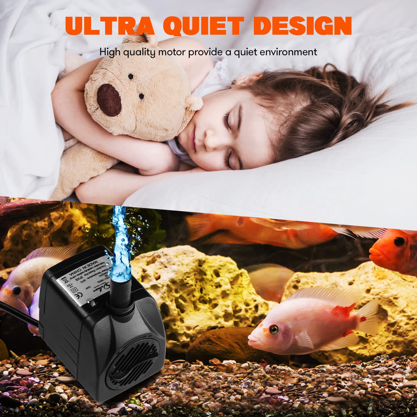 Simple Deluxe 200 GPH 15W Submersible Water Pump Power Head with Adjustable Intake for Fish Tank, Hydroponics, Fountains, Aquari