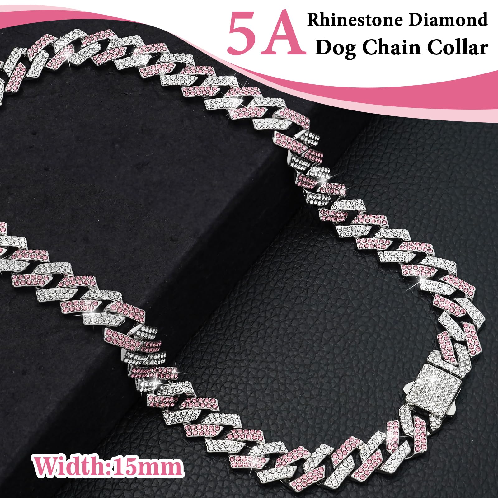 Pink Dog Chain Collar Diamond Link 15Mm Wide Dog Necklace Metal Cat Chains Pet Crystal Collars Jewelry Accessories For Small Med