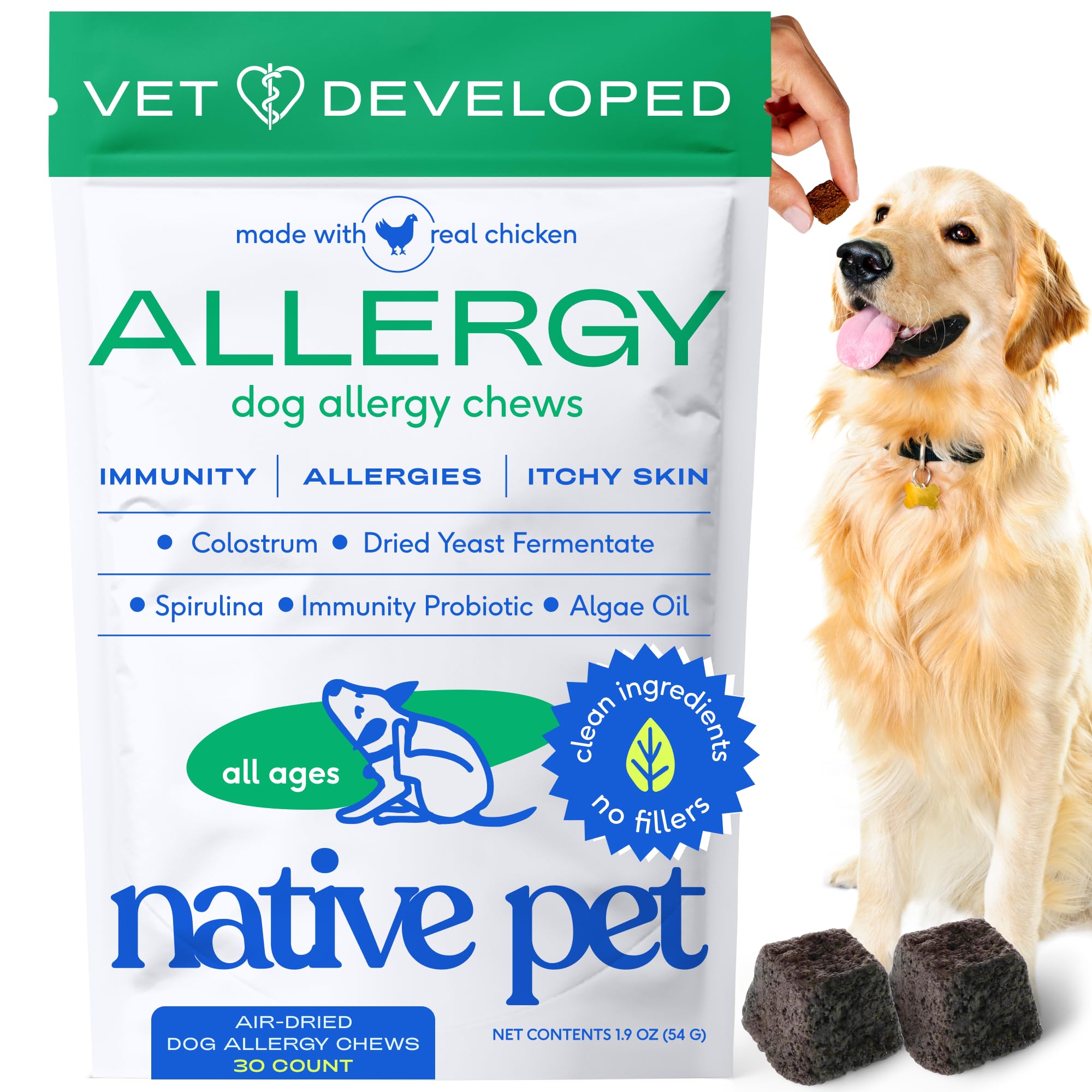Native Pet Dog Allergy Chews - Dog Allergy Relief with Probiotics and Colostrum for Itchy Skin Relief to Support Seasonal Allerg