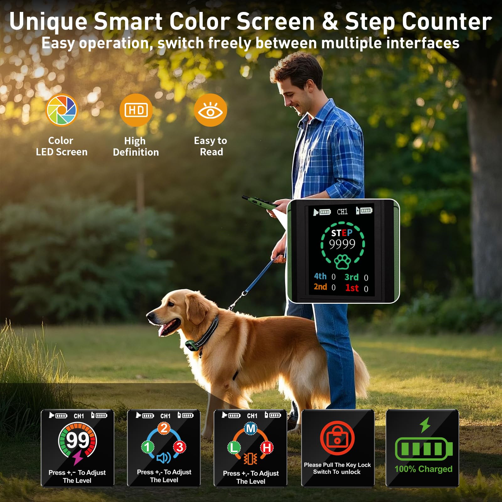 Dog Shock Collar With Remote Control - Upgraded 5 Training Modes With Step Counting & Light Dog Training Collar 3300Ft Ip67 Wate