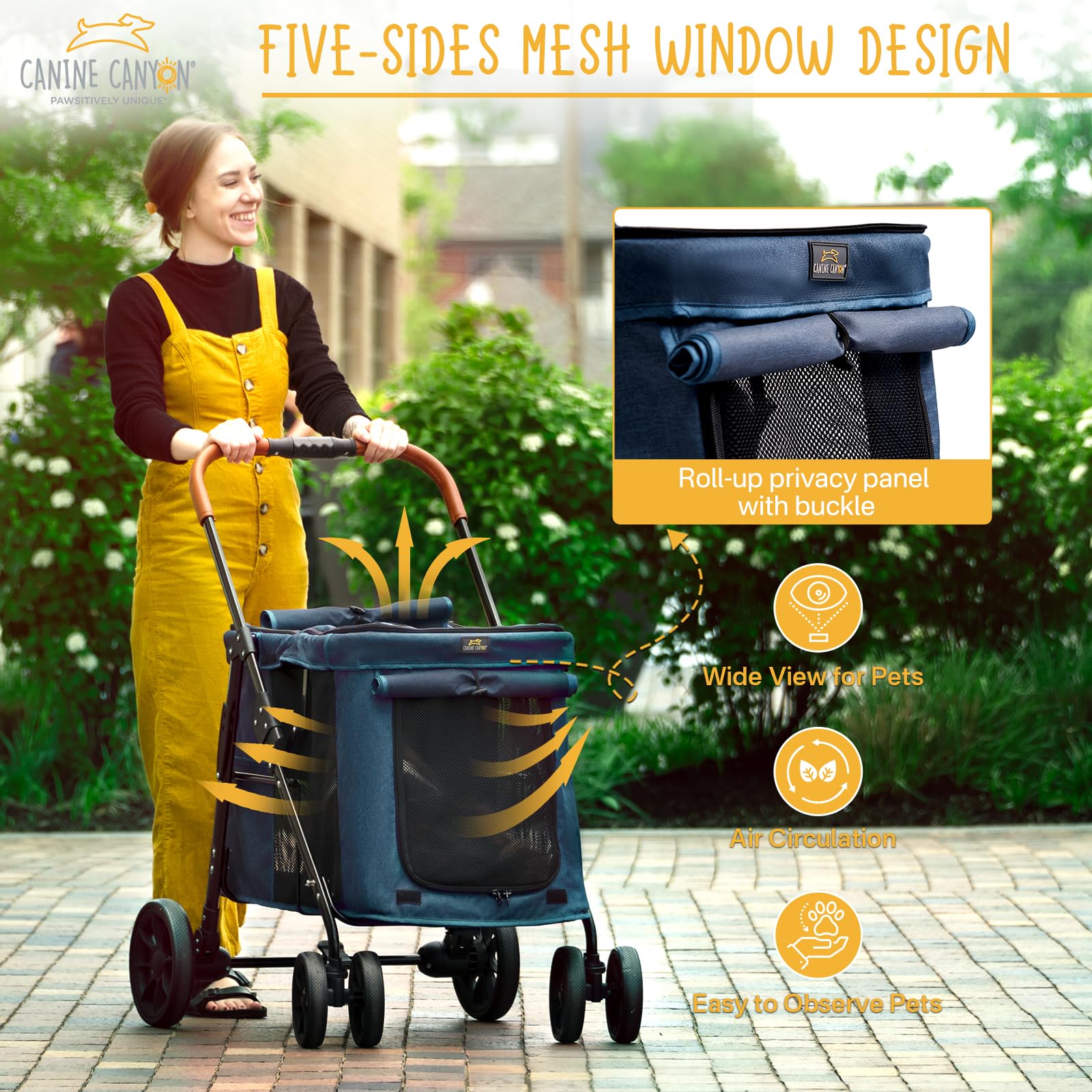 Canine Canyon Upgraded 4 Wheels Pet Stroller For Small/Medium Dogs- One Button Fold, Adjustable Mesh Windows And Shades, 360 Swi