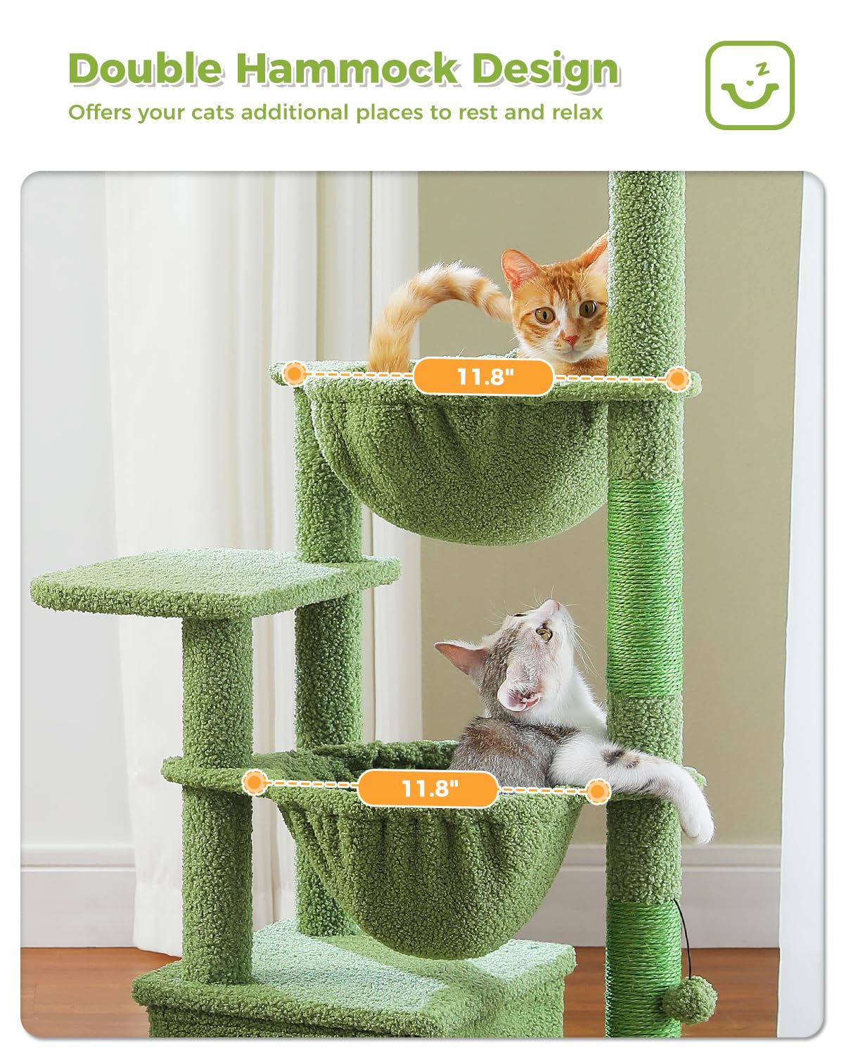 Muttros Cactus Cat Tree, 47.6'' Cat Tower With 2 Metal Frame Hammock, Cat Scratching Post For Indoor Cats With 2 Removable Pompo