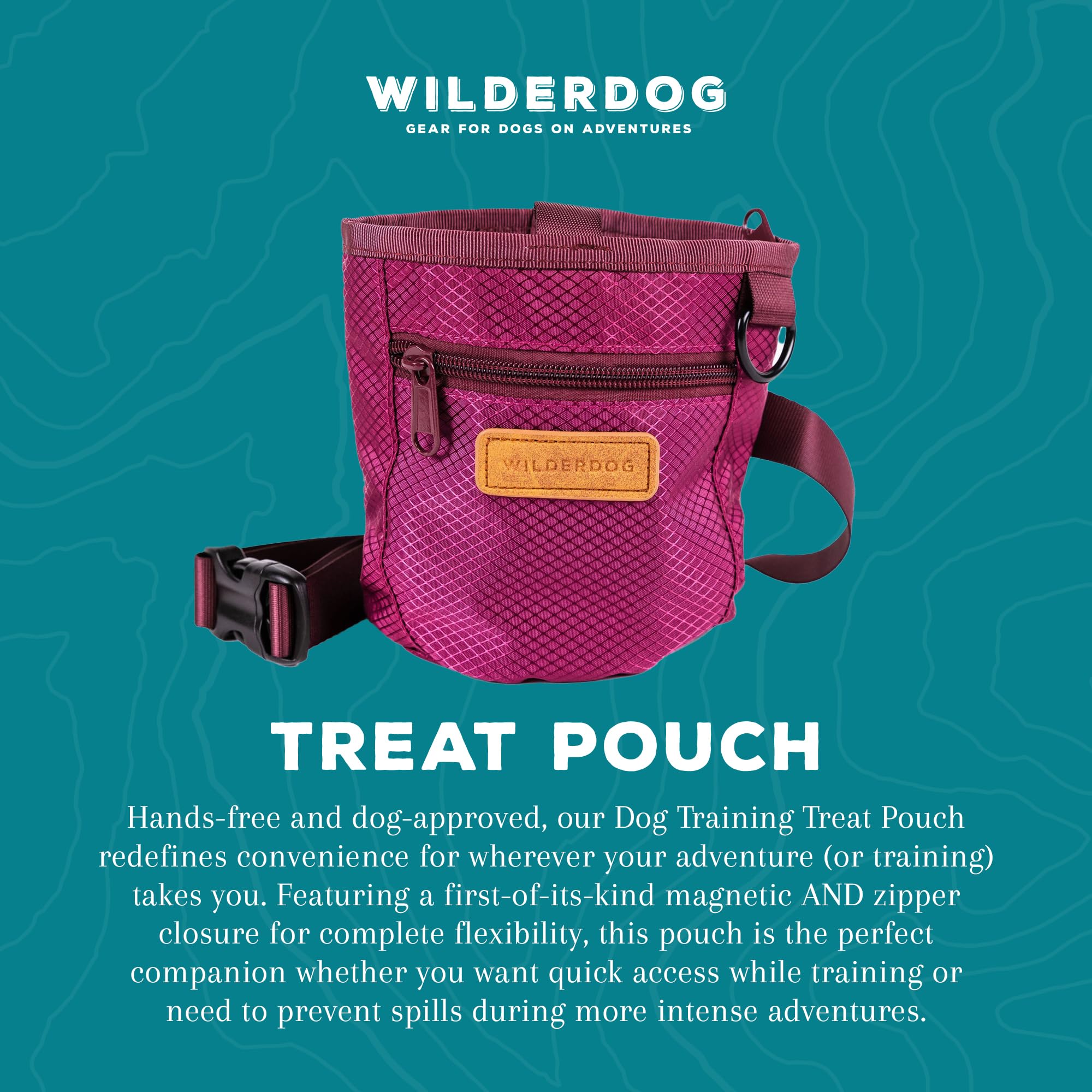 Wilderdog Dog Training Treat Pouch with Magnetic and Zipper Closure, Carabiner Attached, Adjustable Waist Strap - Magenta