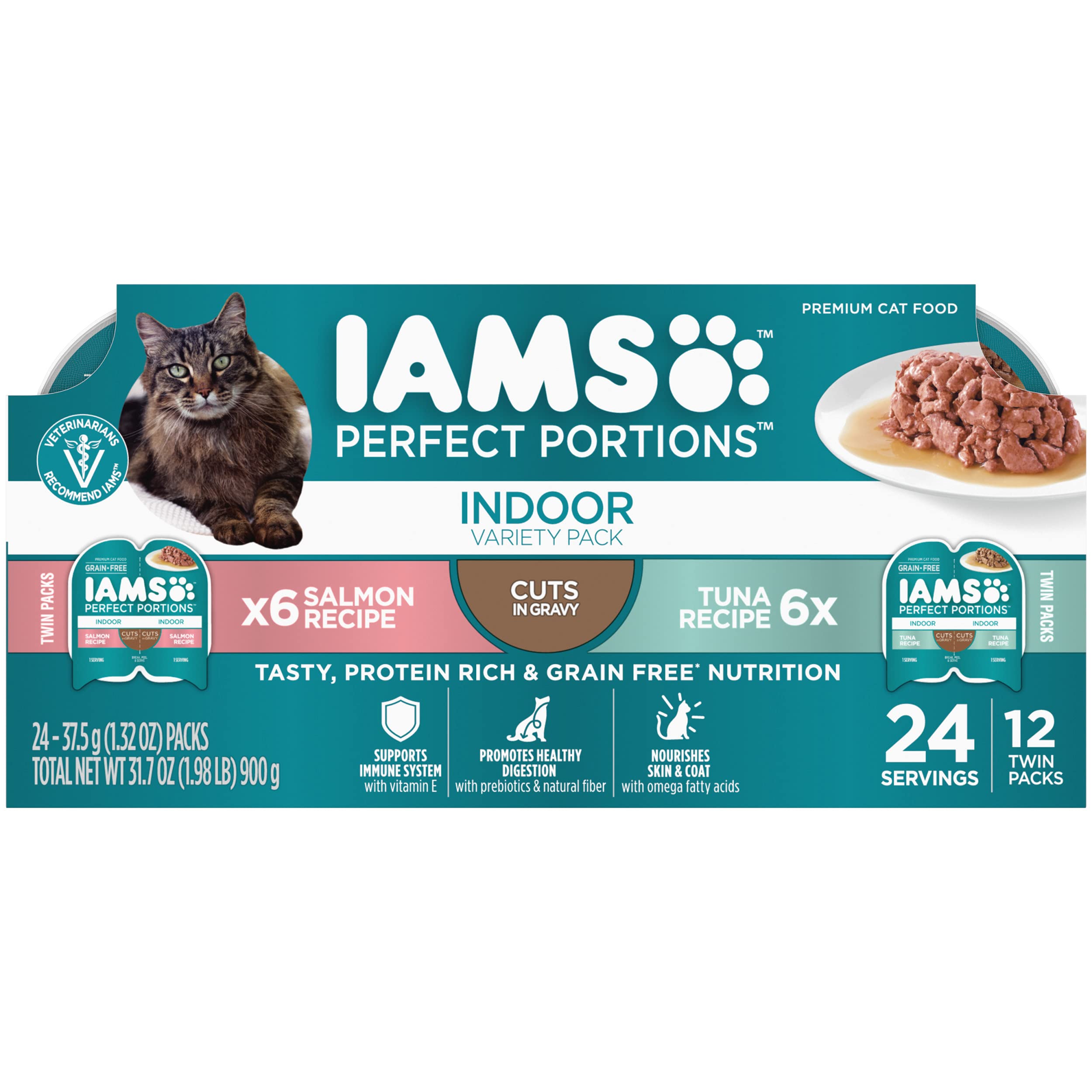 Iams Perfect Portions Indoor Adult Grain Free Wet Cat Food Pate Variety Pack, Salmon and Tuna Recipes, 2.6 oz. Easy Peel Twin-Pa