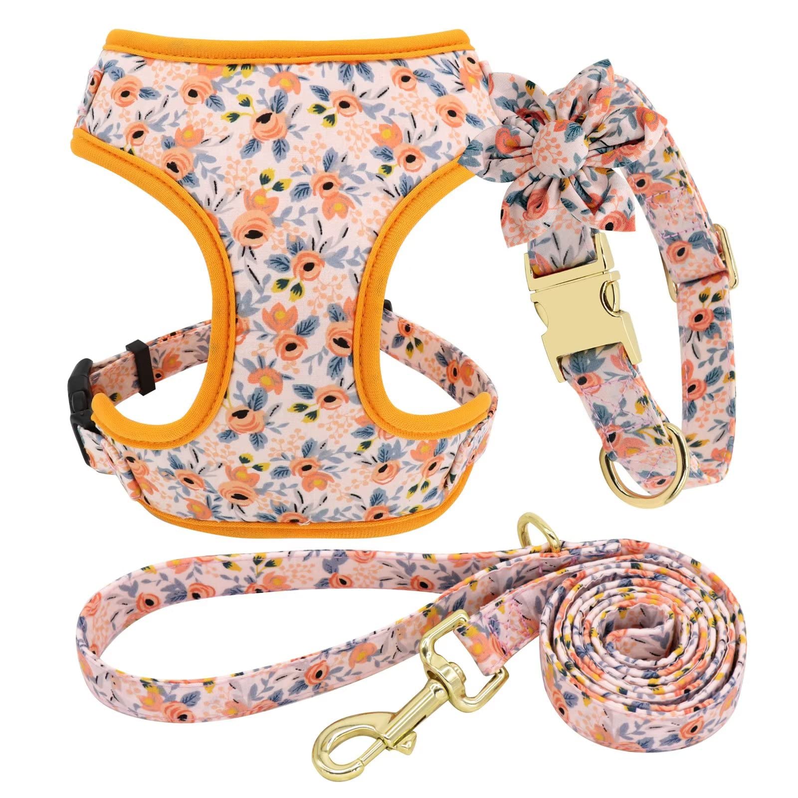 Beirui Cute Girl Dog Collars, Harnesses & Leashes Set - Adjustable Dog Collar And Leash Set With Flower - Soft Mesh Dog Vest Harness For Puppies Small Medium Dogs (Orange,Xs)