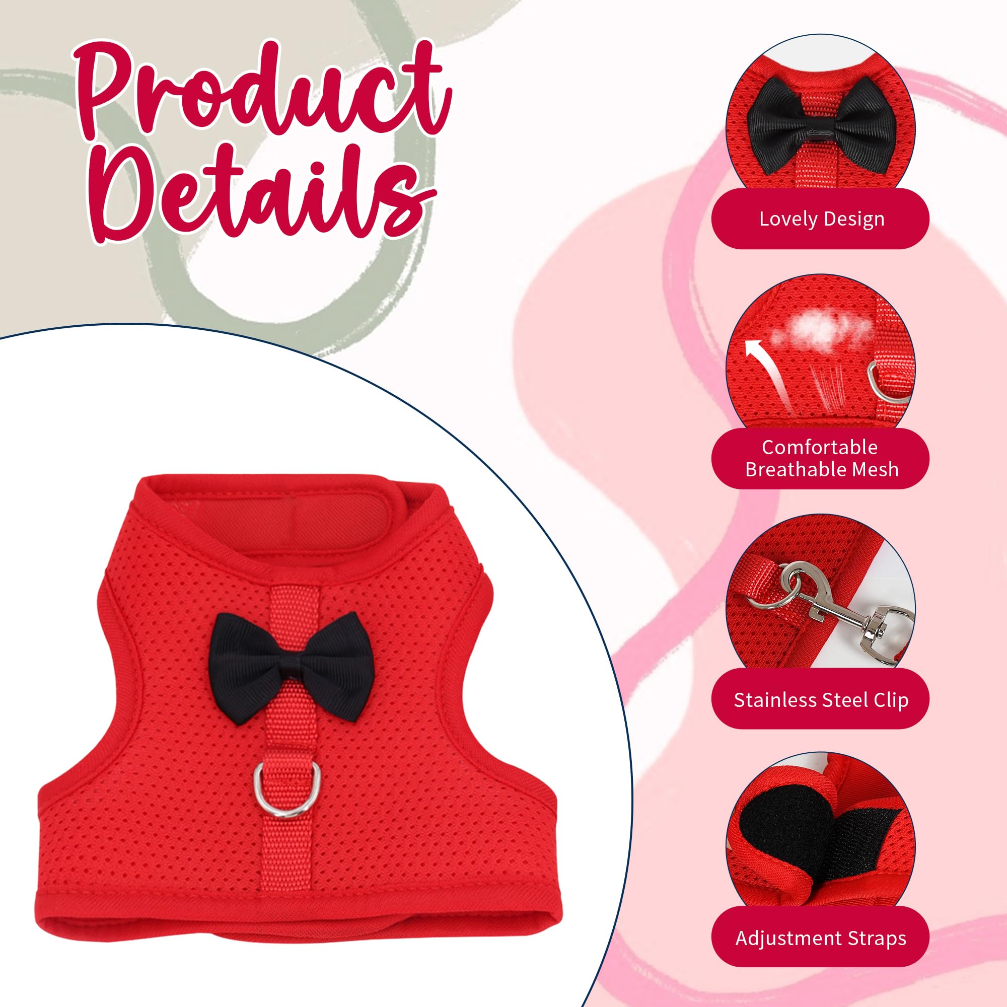 AIITLE Rabbit Harness and Leash Set with Cute Bow, Christmas Soft Breathable Mesh Vest Harness for Rabbits Kitten Ferret Puppy S