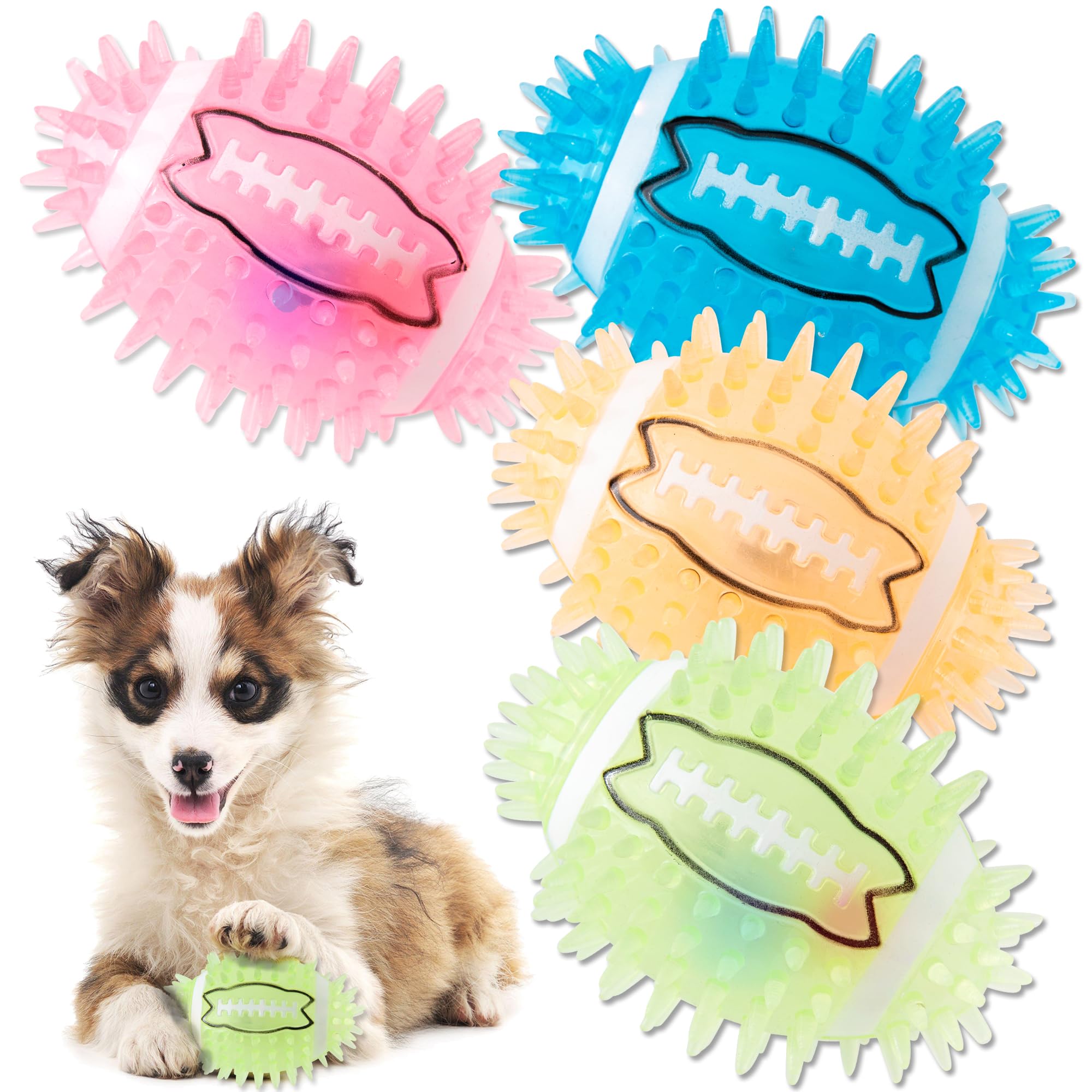 Ghobrofy 4.3    Dog Squeaky Football Toys 4 Pack, Light Up And Durable Spiky Dog Balls For Medium Large Dogs With Rugby Shape, B