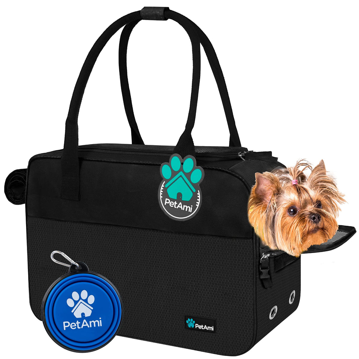 Petami Dog Purse Carrier For Small Dogs, Airline Approved Soft Sided Pet Carrier With Pockets, Ventilated Dog Carrying Bag For Puppy Cat, Dog Travel Supplies Bag, Sherpa Bed, Max 12 Lbs, Black