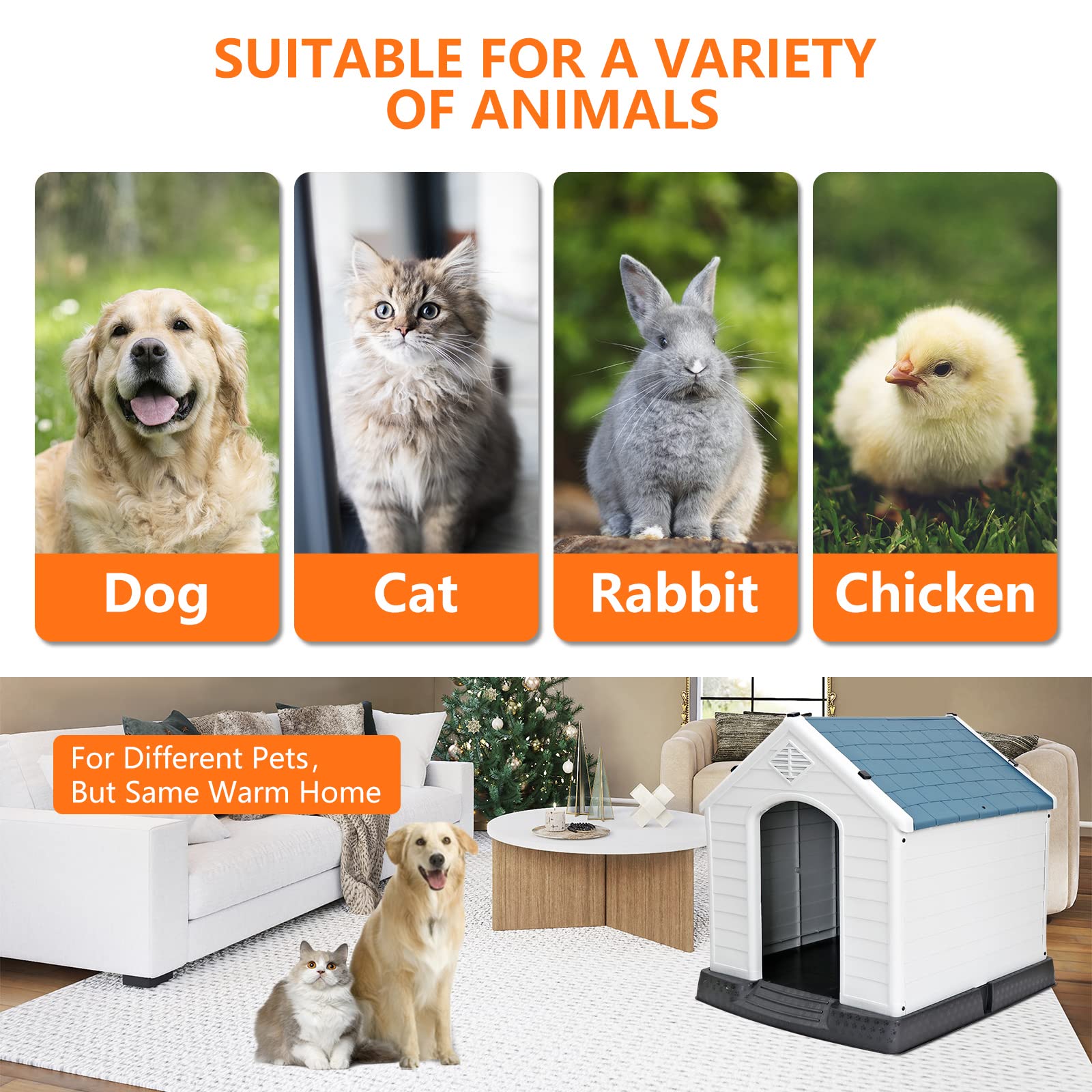 Large Plastic Dog House Indoor Outdoor Doghouse Dog Kennel Easy To Assemble Puppy Shelter W/Air Vents Elevated Floor Waterproof