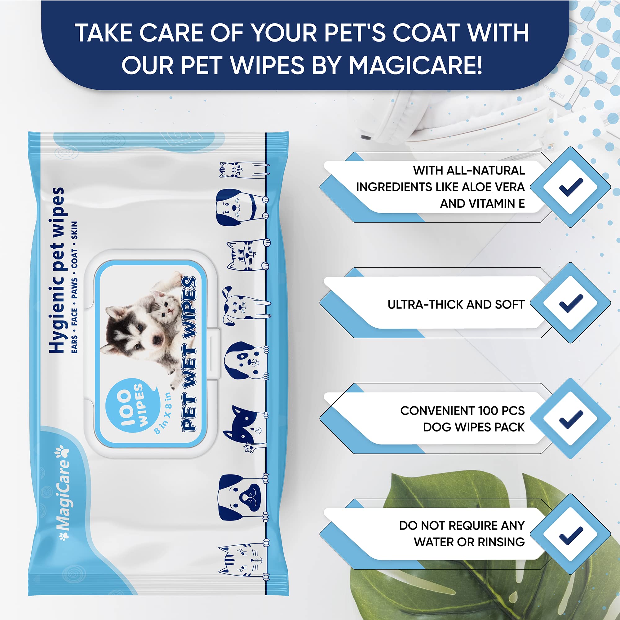 Magicare Pet Wipes - 100 Pcs Dog Wipes - 8X8 Inch Unscented Dog Paw Cleaner Wipes For Body, Ears, Face, And Skin - Ultra Thick A