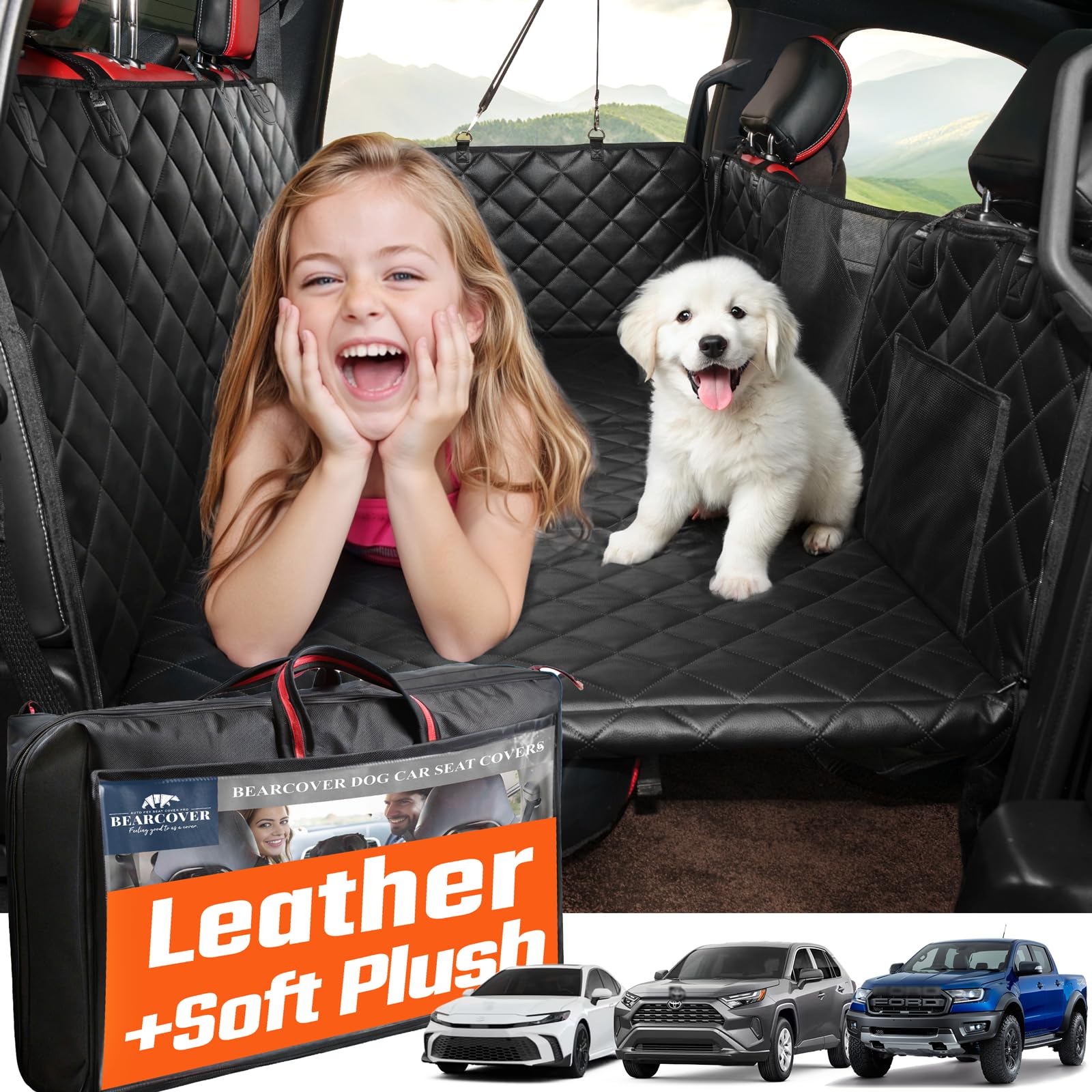 Bearcover Hard Bottom Car Seat Cover For Dogs, Pu+Plush Dog Car Seat Cover For Back Seat, Waterproof Backseat Extender For Dogs 