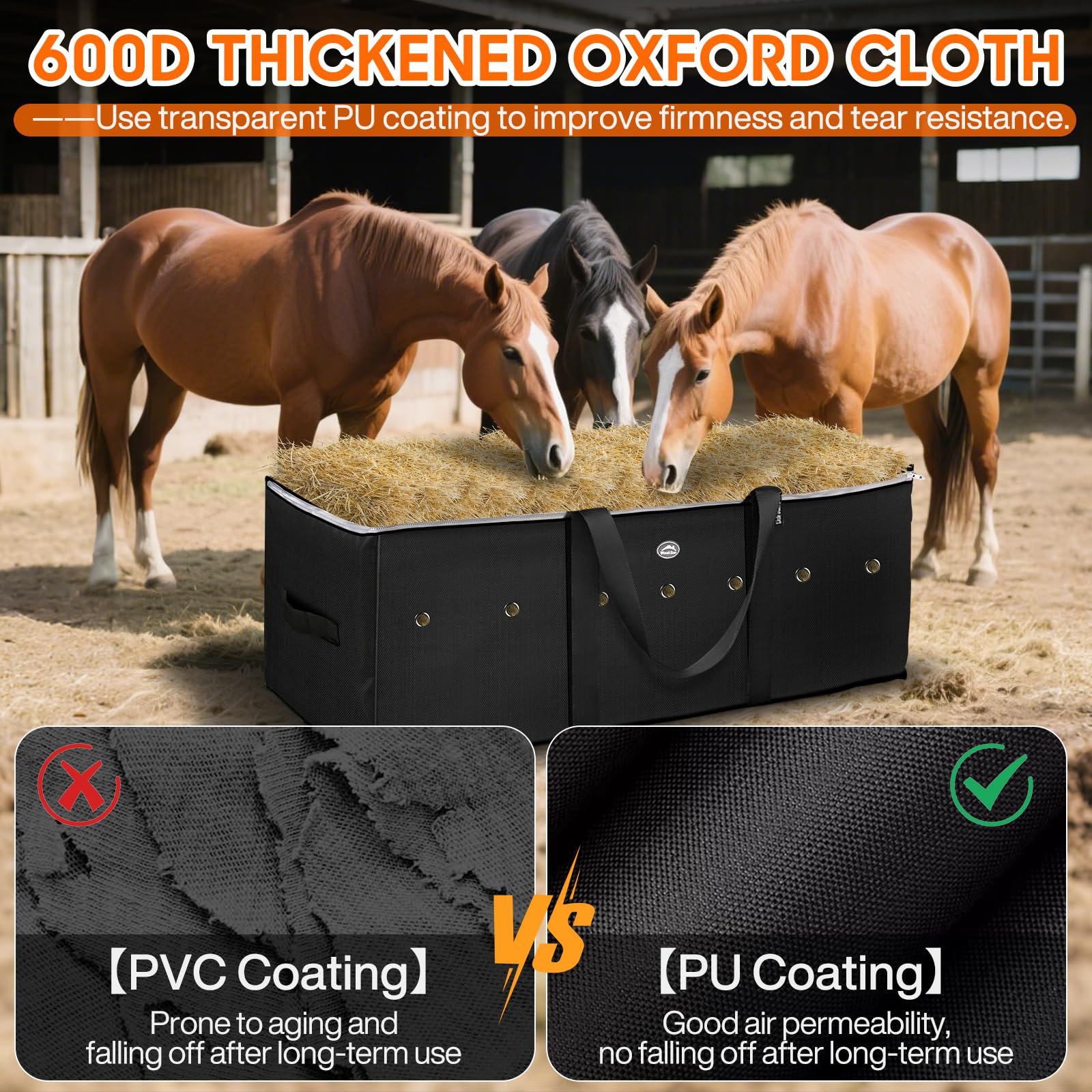 WEEKSUN 1pcs Large Hay Bag for Horses 600D,44x16x20 Hay Bale Storage Bag with Zipper,Carry Handles and PU Waterproofing,Oxford F