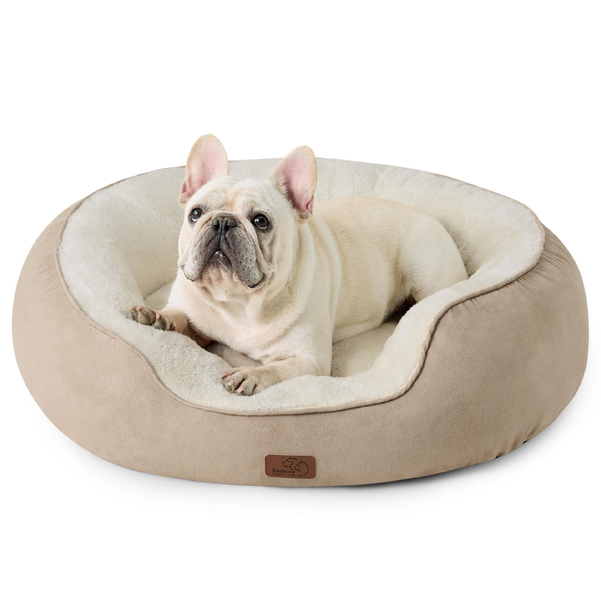Bedsure Dog Bed For Medium Dogs - Round Washable Medium Pet Bed, Anti-Slip Donut Fluffy Plush Indoor Fur Cat Bed, 30 Inches, Camel
