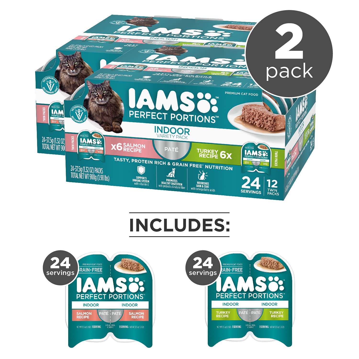 IAMS PERFECT PORTIONS Indoor Adult Grain Free* Wet Cat Food Pate Variety Pack, Salmon Recipe and Turkey Recipe, 2.6 oz. Easy Pee