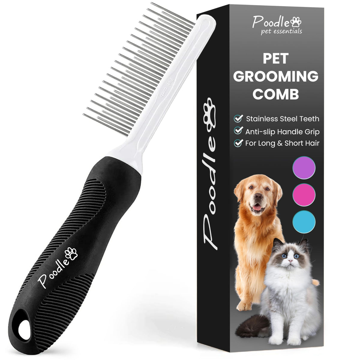 Poodlie Poodle Pet Dog Combs For Grooming Matting - Metal Comb For Dogs With Long & Short Stainless Steel Teeth - Dematting Comb For Cats To Remove Matted Hair & Knots, Black