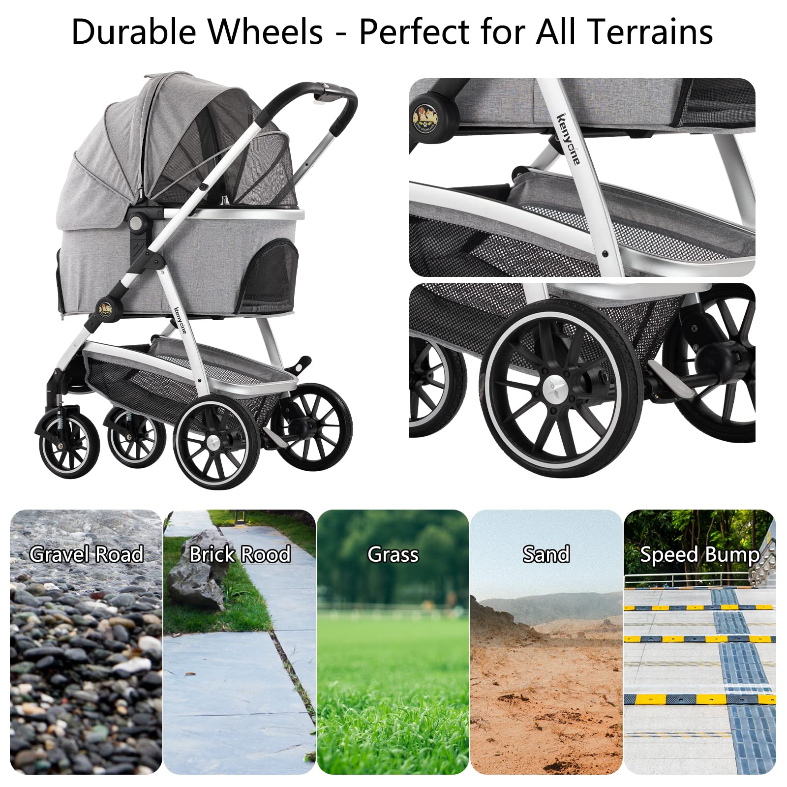 Kenyone Pet Stroller, 3 in 1 Multifunction Pet Travel System 4 Wheels Foldable Aluminum Alloy Frame Carriage for Small Medium Do