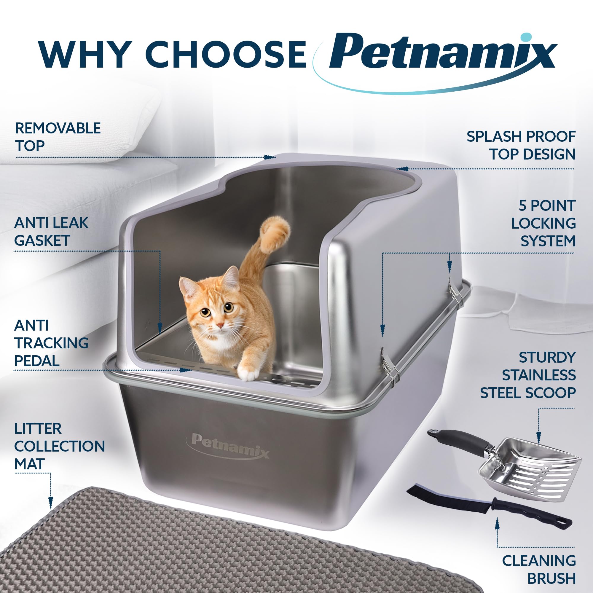Xxl Stainless Steel Litter Box With Lid 30L Capacity 16 Inch High Sides, Leak Proof Anti Tracking Pedal Non Stick Easy Clean S