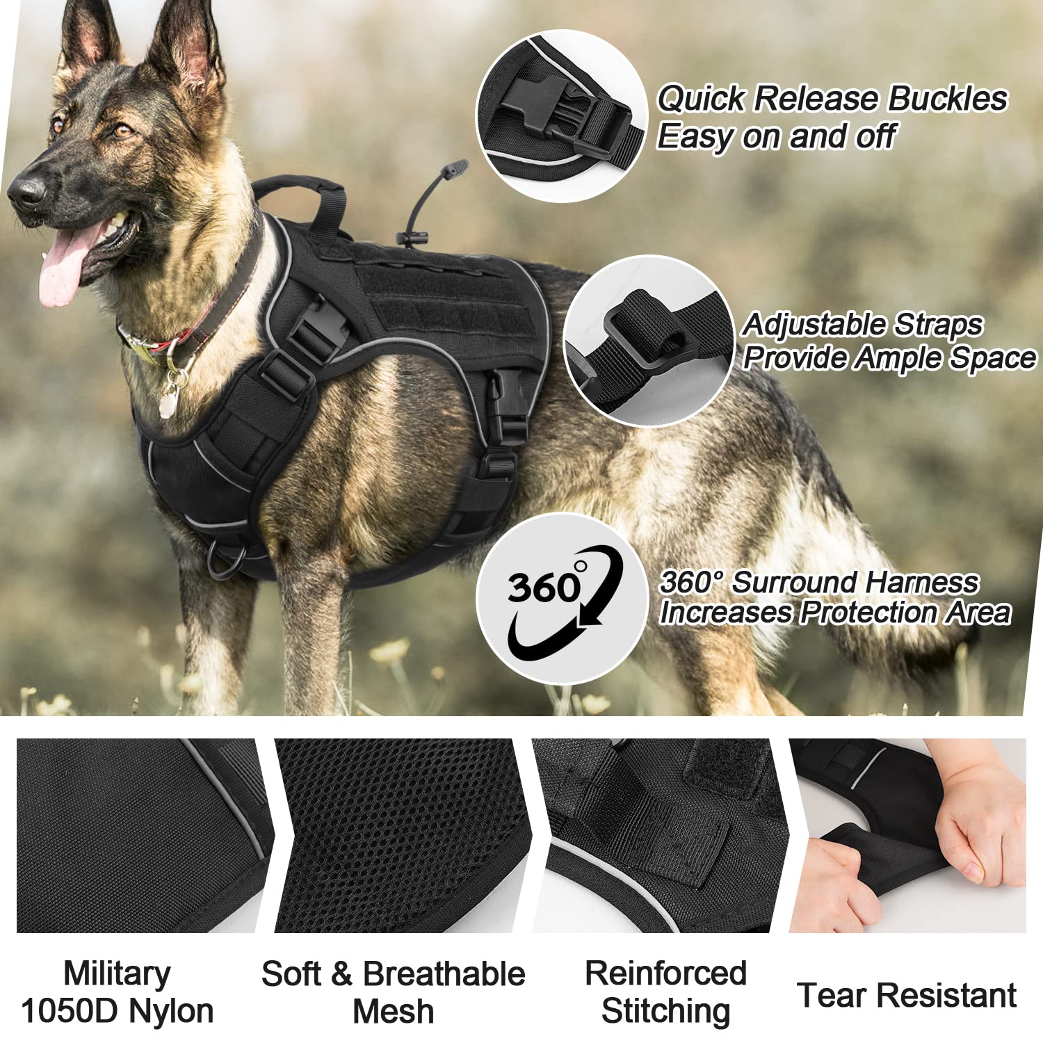 Wingoin Black Tactical Dog Harness Vest For Large Medium Dogs No Pull Adjustable Reflective K9 Military Dog Service Dog Harnesses With Easy Control Handle For Walking Hiking Training(M)
