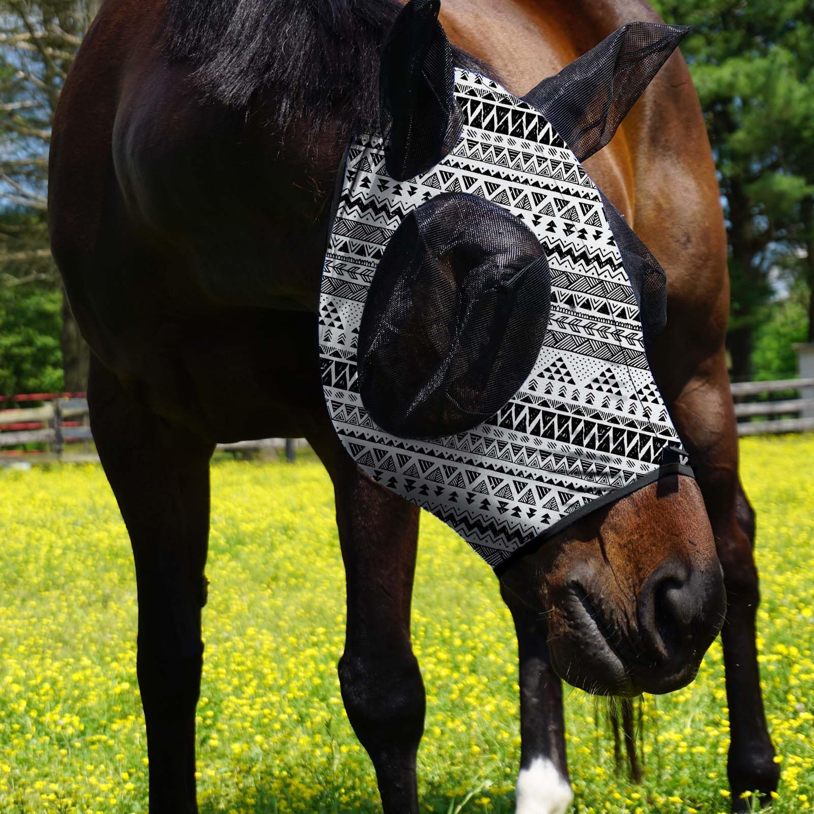 Harrison Howard Super Comfort Stretchy Fitting Horse Fly Mask with UV Protection Soft on Skin with Breathability Doodle Aztec Po