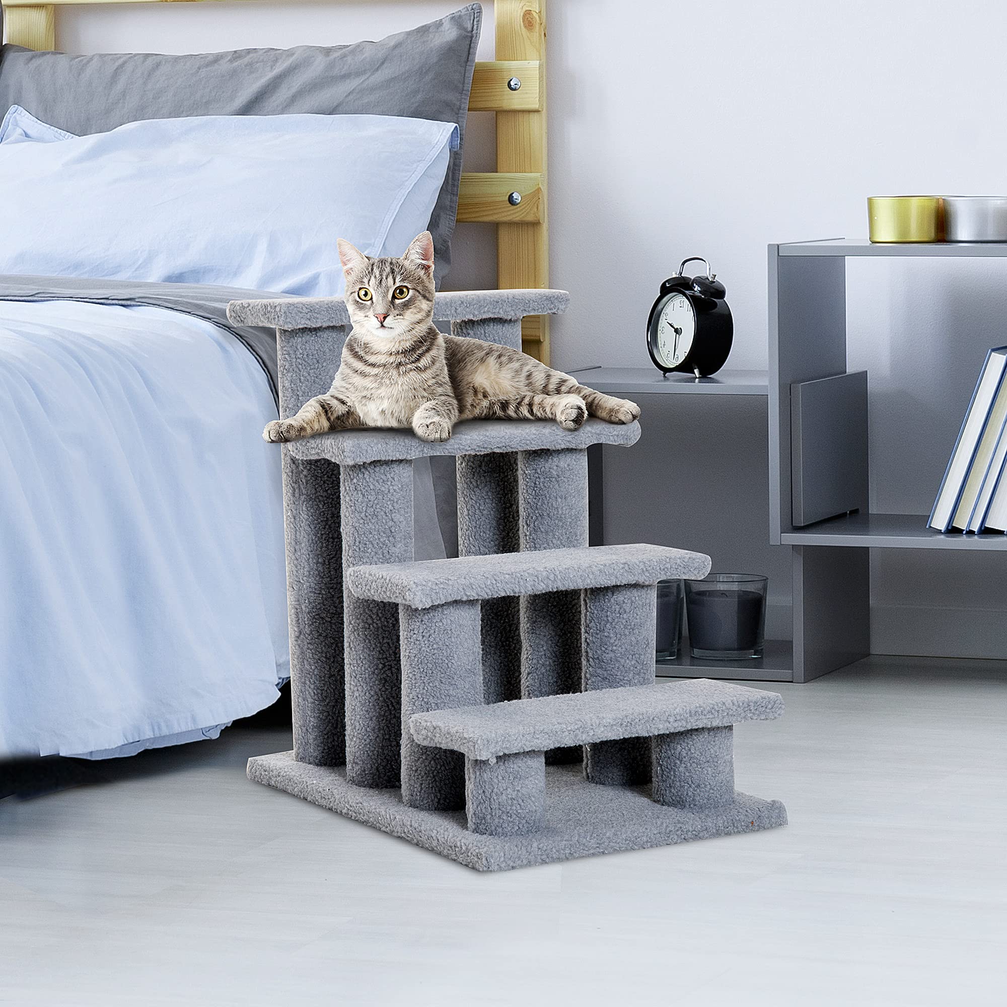 Pawhut Dog Steps For Bed 4 Step Pet Stairs For Sofa Dog Cat Climb Ladder 63X43X60 Cm Grey