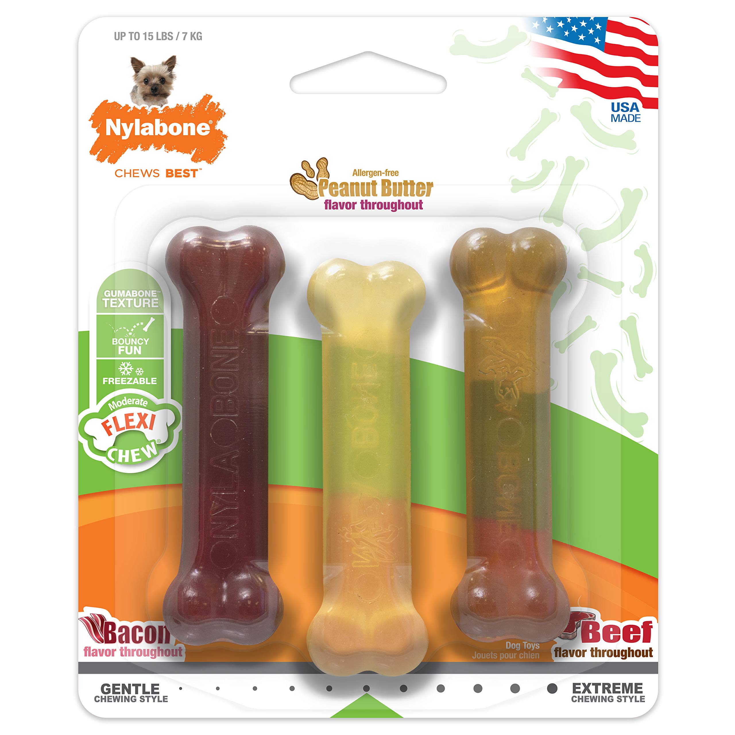 Nylabone Original Bone Flexi Chew Toy For Dogs, Dog Toys For Moderate Chewers, Bacon, Peanut Butter, & Beef, X-Small - Up To 15 Lbs, 3 Pack