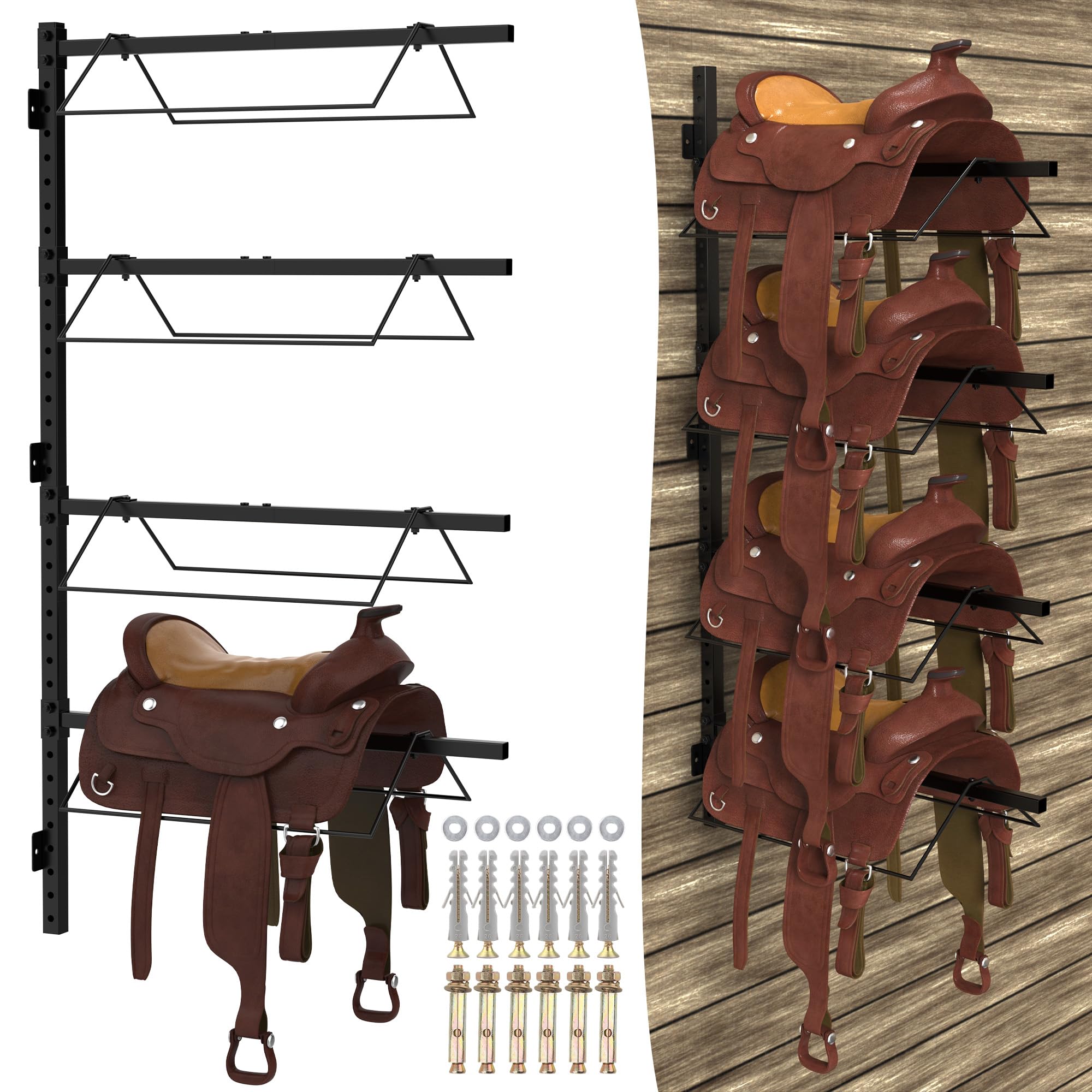 Rtosy 4 Tier Saddle Rack Wall Mount, Horse Saddle Rack For English & Western Saddles, Tack Storage, Pad, Accessories Etc For Hor