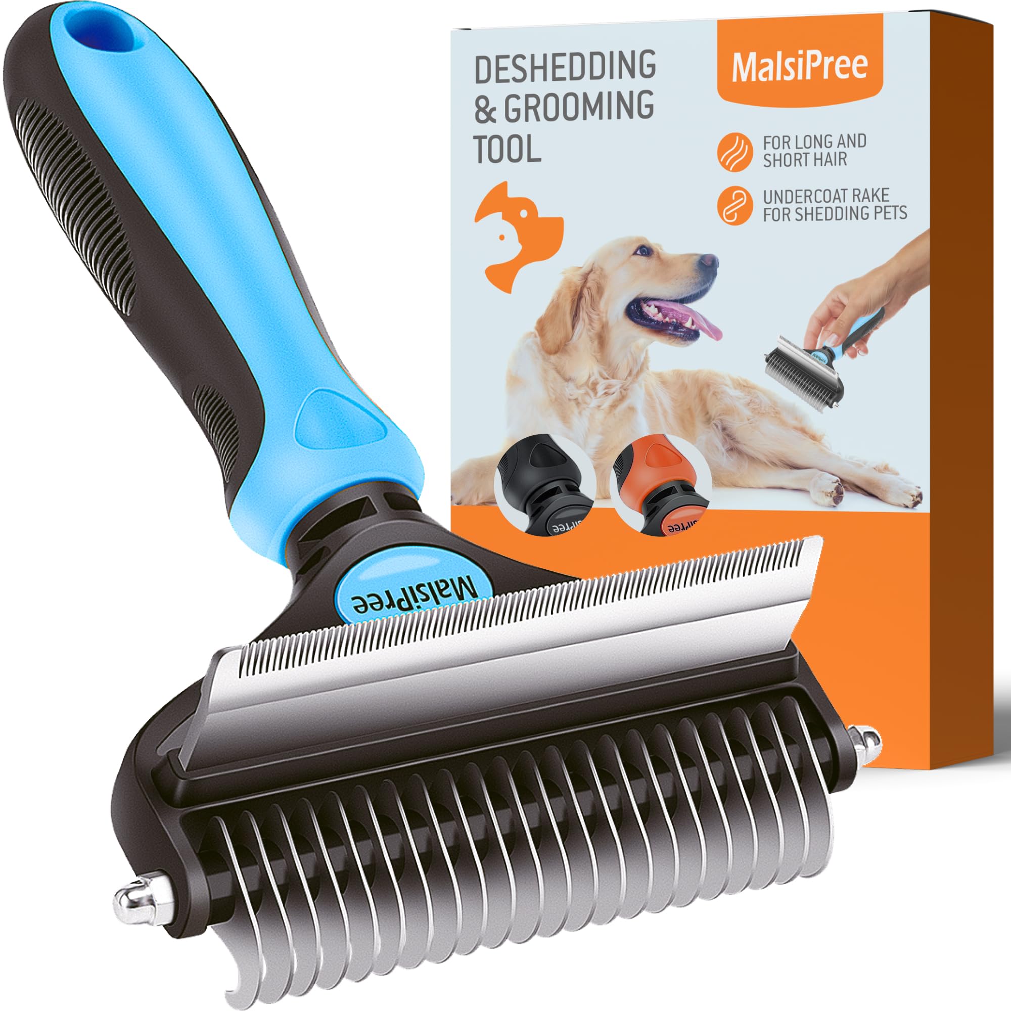 Malsipree Dog Grooming Brush For Shedding - 2 In 1 Deshedding Tool And Undercoat Rake For Long And Short Haired Dogs With Double