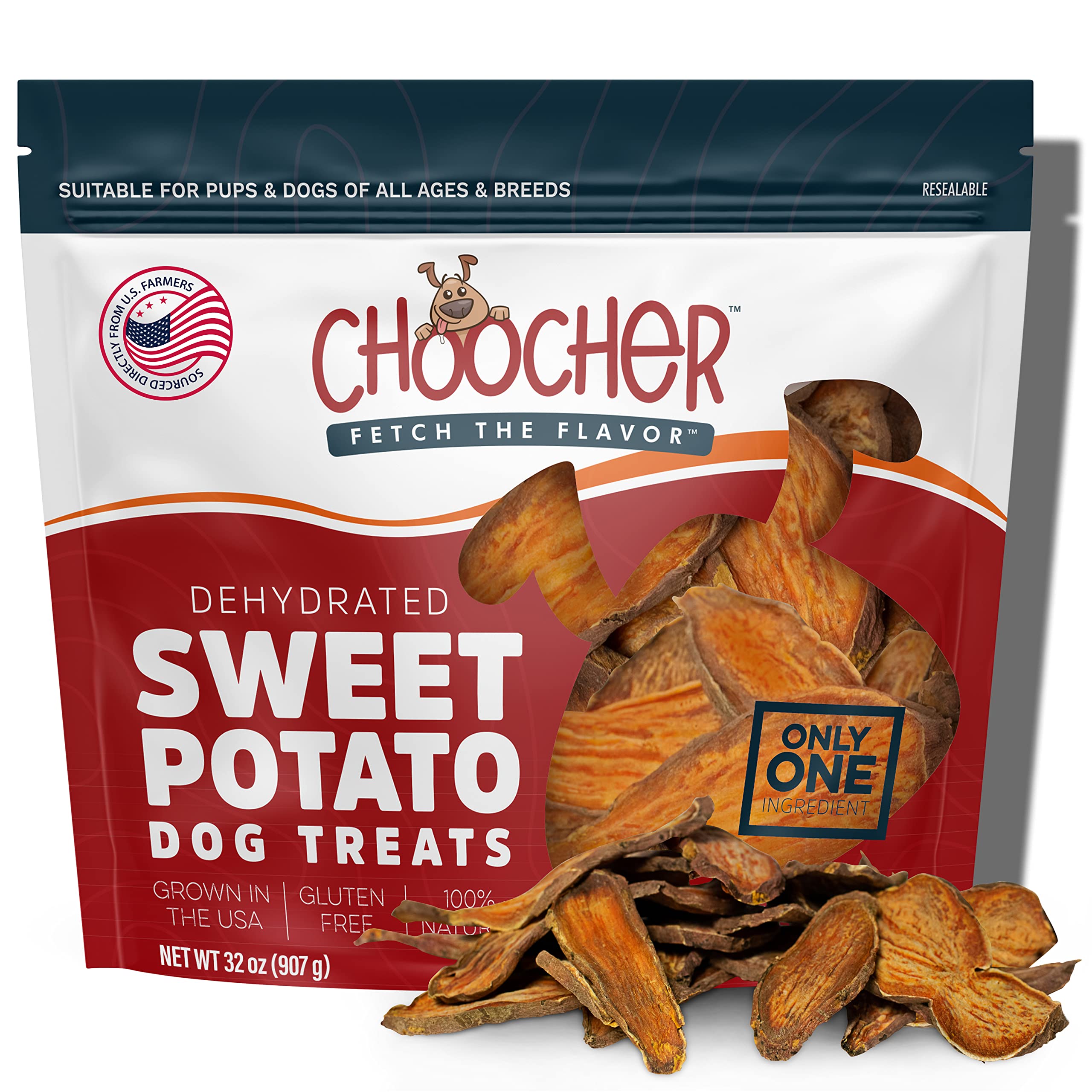 CHOOCHER Dehydrated Sweet Potato Dog Treats - High Fiber Gluten Free & Vegan Dental Chews for Small Medium Large Dogs - Made in 