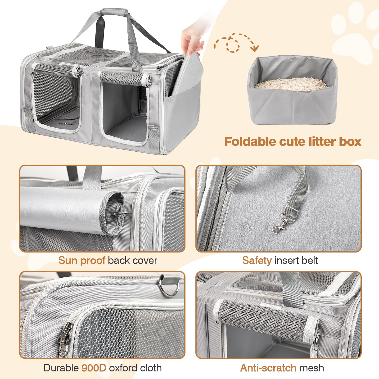 Cat Carrier For 2 Cats With Litter Box, Litail Top Expandable Cat Travel Carrier For Car Travel, With Breathable Mesh, Up To 25L
