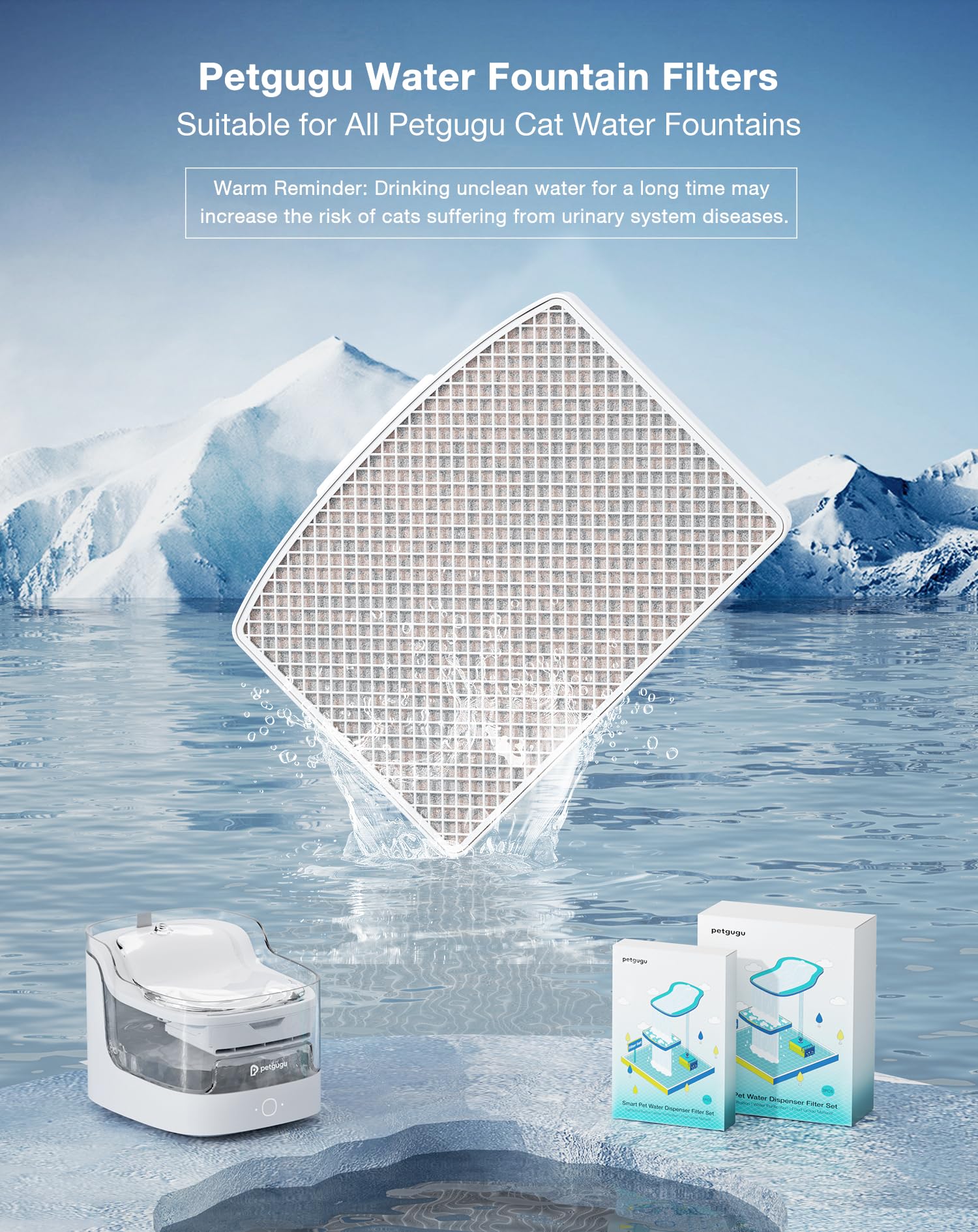 PETGUGU Cat Water Fountain Replacement Filter Set, KDF Material, PF1/PF1L Model, 1 Pack, White