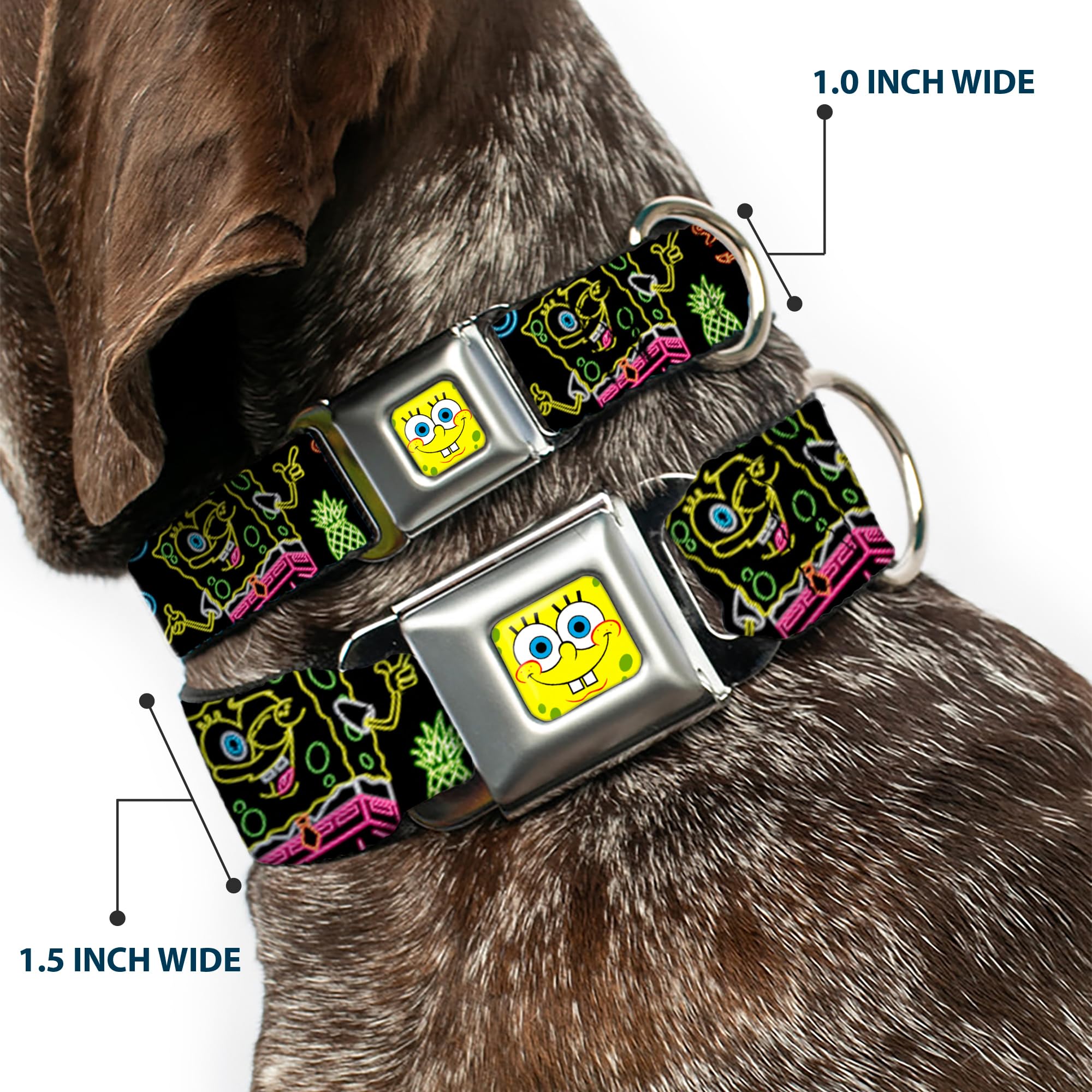 Dog Collar Seatbelt Buckle Electric Spongebob Poses Elements Black Multi Color 11 To 17 Inches 1.0 Inch Wide, Dc-Sb-Sqb-Wsq027-1