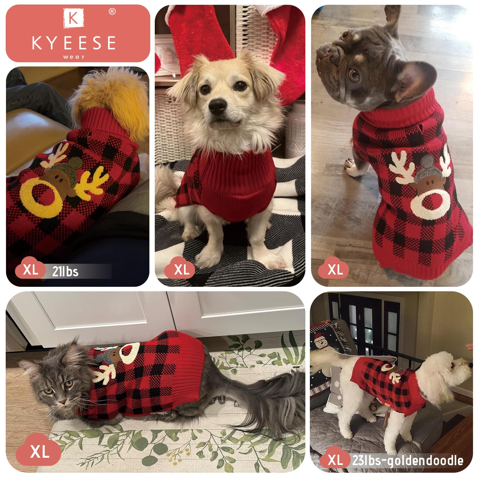 Kyeese Dog Sweater Reindeer With Leash Hole Dog Sweaters Red Buffalo Check Pet Sweater,Xl