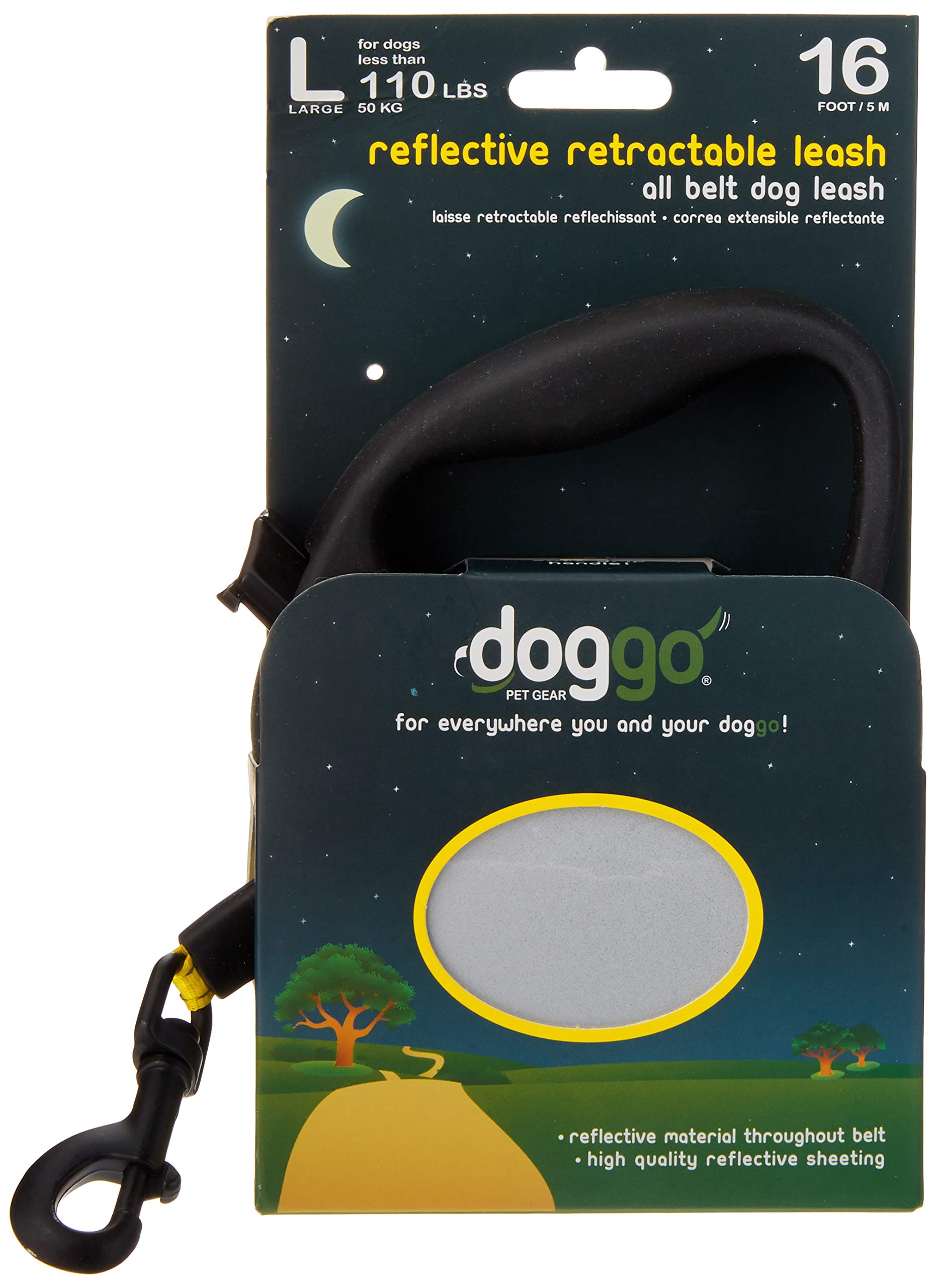 Doggo Reflective Retractable Dog Leash, 16' Long Reflective Belt, Large For Dogs Up To 110 Lbs., Neon Yellow With Reflective Accents
