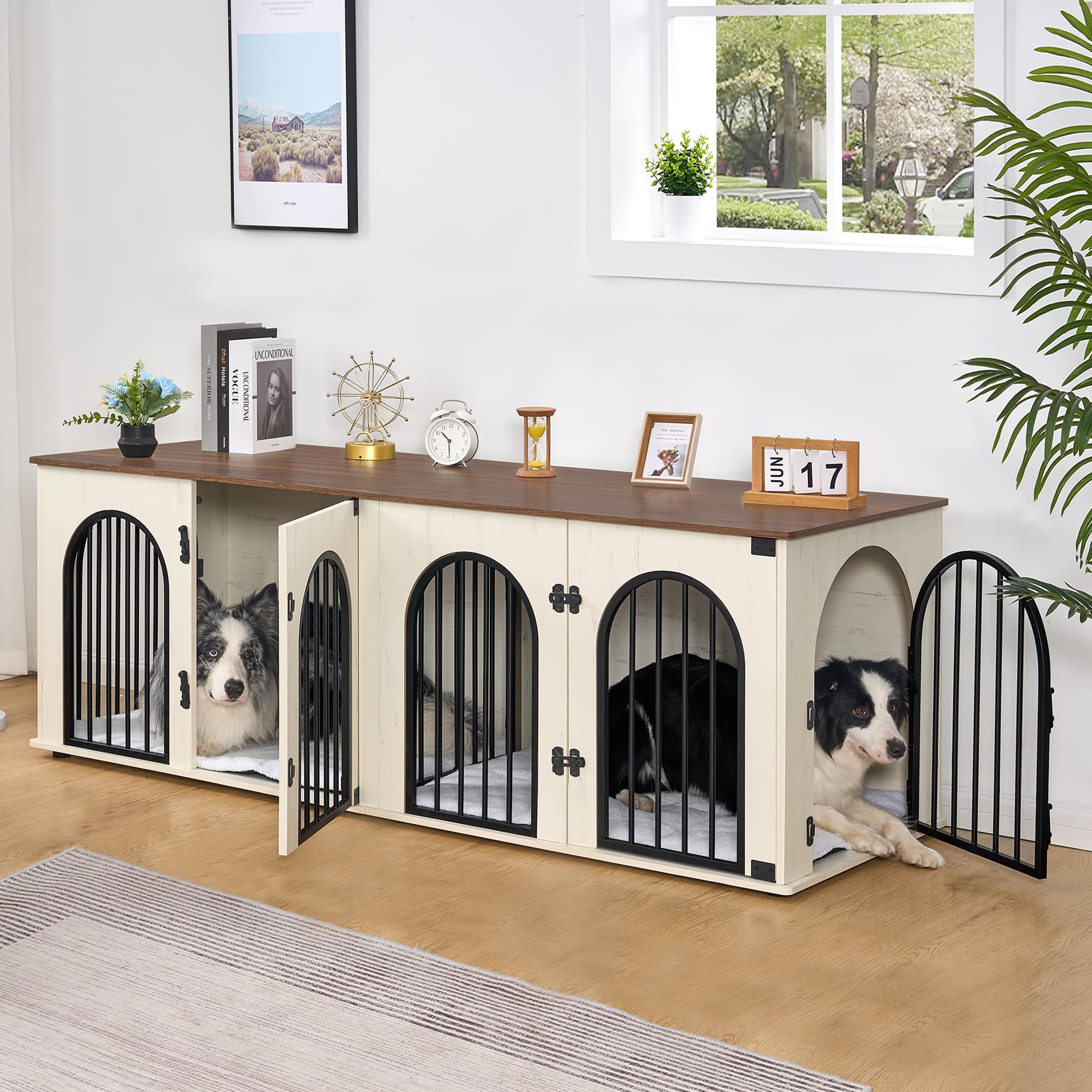 Hzuaneri 71 Dog Crate Furniture for 2 Dogs, Heavy Duty Indoor Dog Kennel TV Stand, XXL Wooden Dog Cage with Divider for Medium L